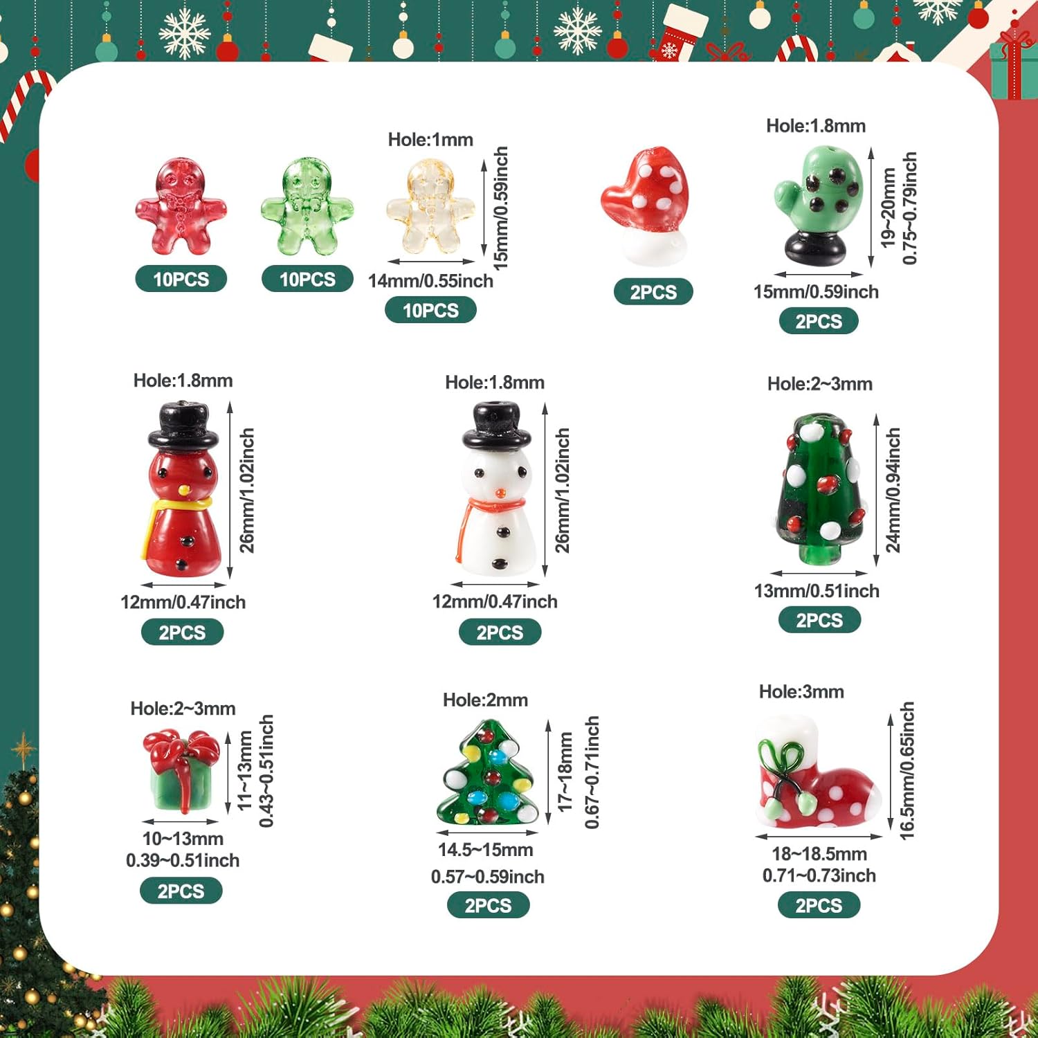 Beadthoven – Cuentas de cristal de Navidad hechas a mano, cuentas de cristal de Murano surtidas, cuentas de árbol de jengibre para hacer joyas,