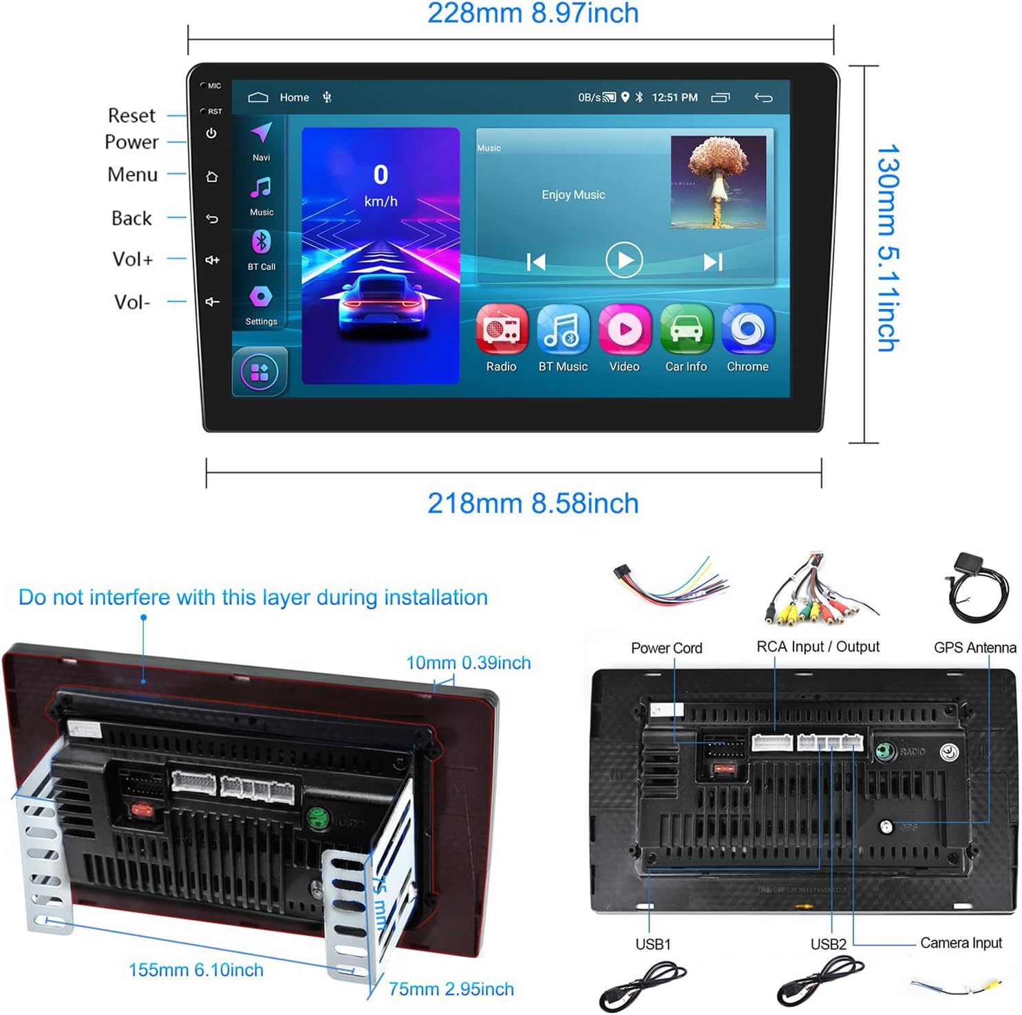 Podofo 2G+64G Doble DIN Android 13 Estéreo de coche inalámbrico Carplay Android Auto 9 “IPS Pantalla táctil Radio de audio para coche con control de
