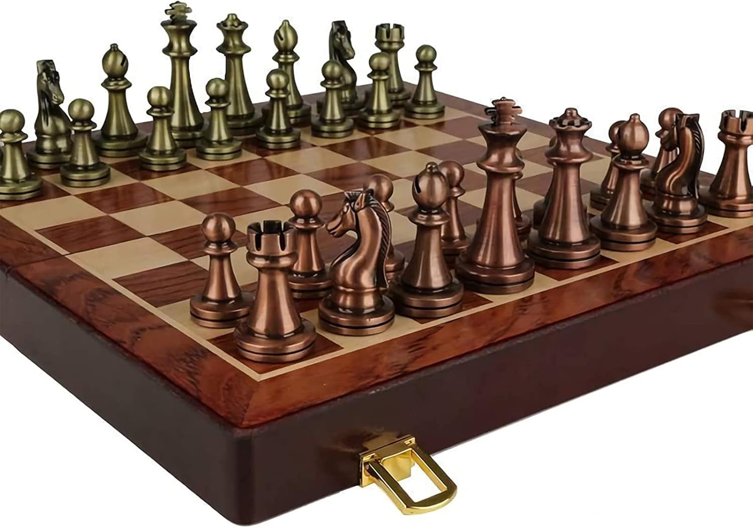 Juego de ajedrez de lujo de metal plegable, juego de ajedrez con piezas de ajedrez de metal chapado en cobre retro y tablero de ajedrez de madera