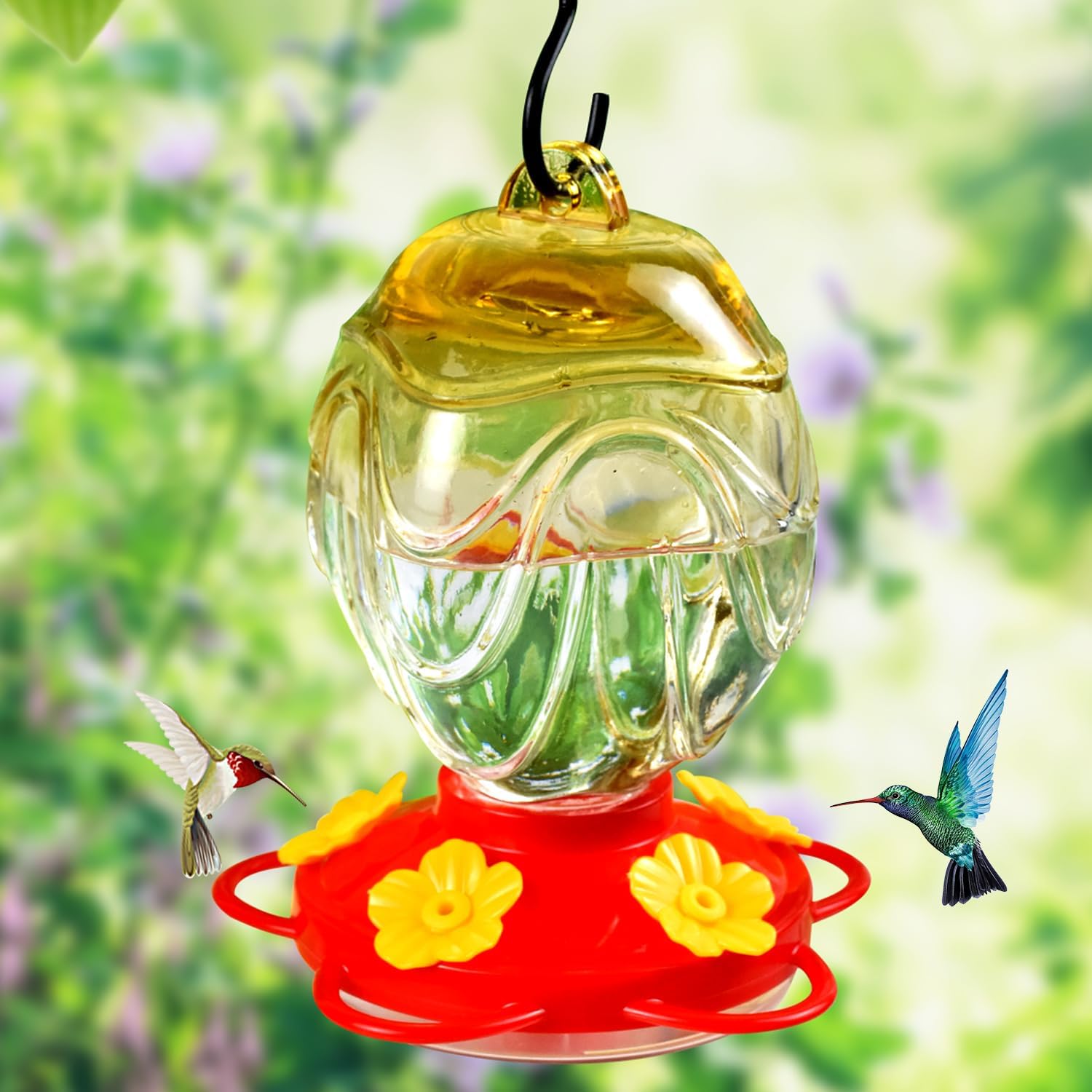 Comederos de vidrio para colibríes para colgar al aire libre, 15 onzas, sellados y a prueba de fugas, fáciles de limpiar y llenar, con foso de