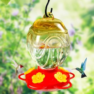 Comederos de vidrio para colibríes para colgar al aire libre, 15 onzas, sellados y a prueba de fugas, fáciles de limpiar y llenar, con foso de Comederos de vidrio para colibríes para colgar al aire libre, 15 onzas, sellados y a prueba de fugas, fáciles de limpiar y llenar, con foso de