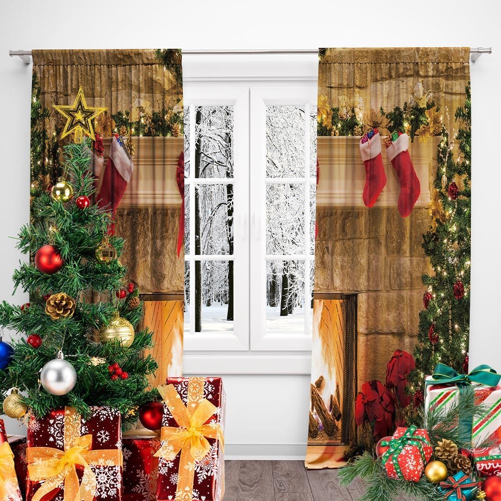 TOKTILIKT Calcetines de cortina de Navidad de 82 x 84 pulgadas, diseño de chimenea, arco de regalo, decoración de dormitorio, sala de estar,