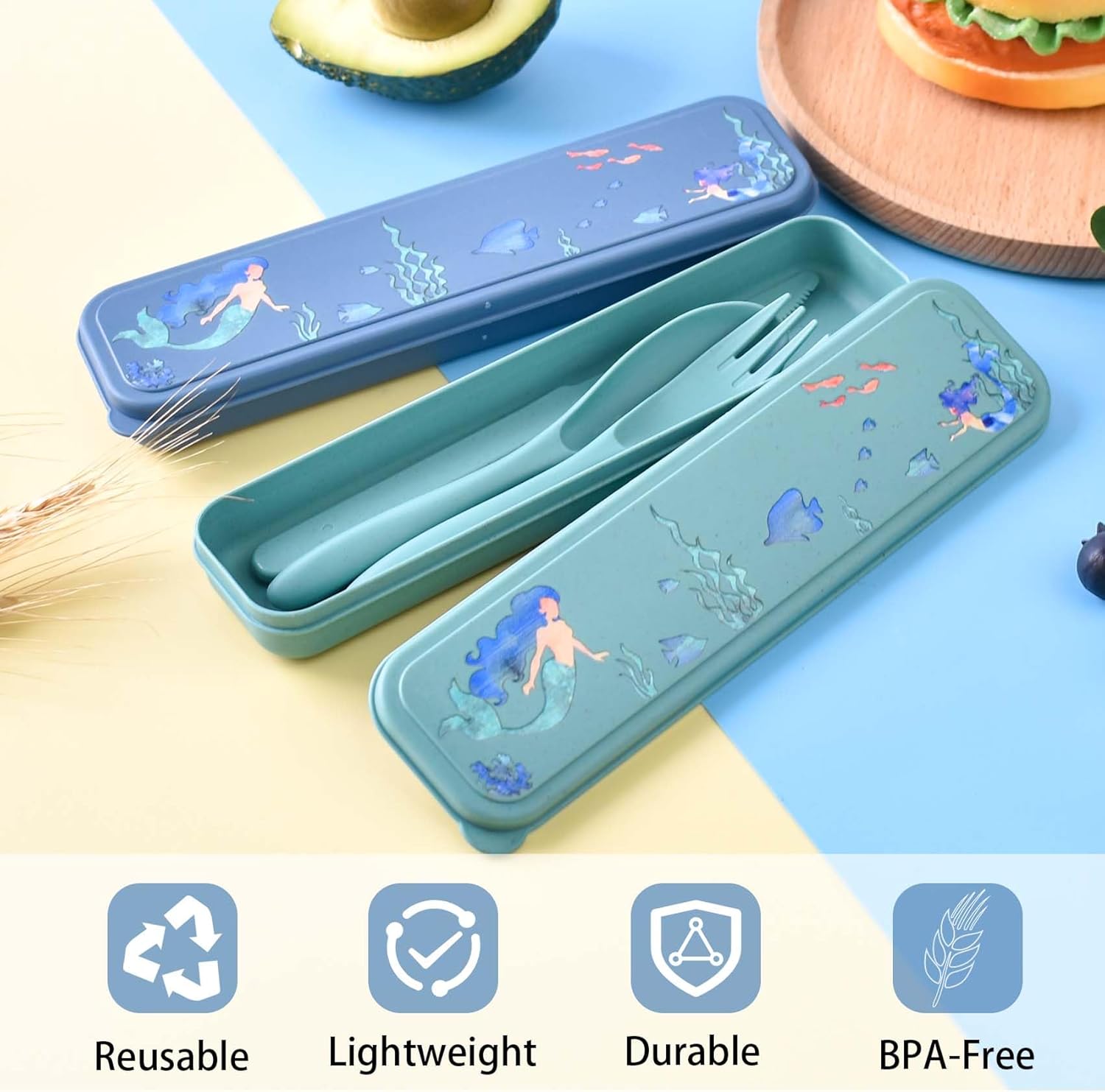 Juego de utensilios reutilizables con estuche, juego de 2 utensilios de camping, cuchara de plástico portátil, tenedores, juego de cubiertos