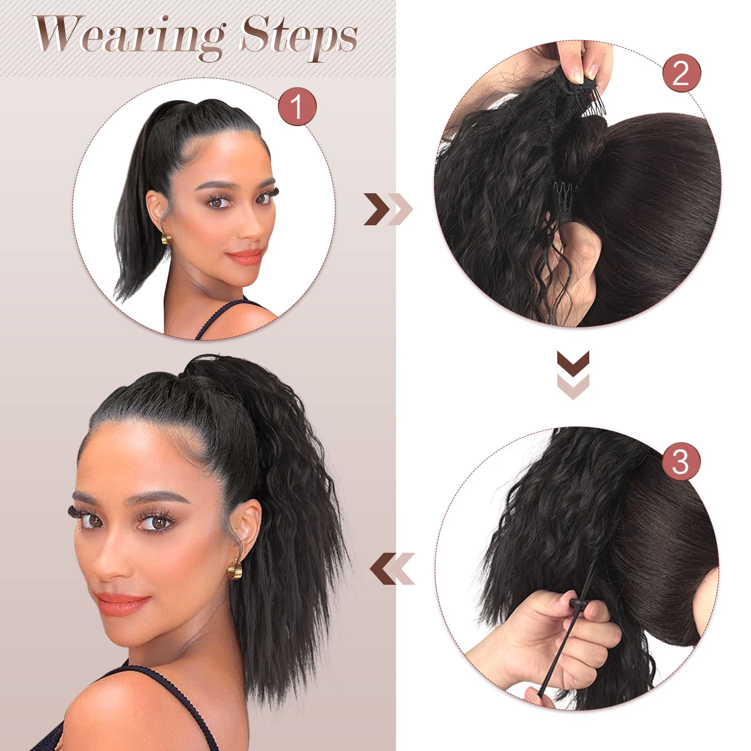 PEACOCO Cola de caballo corta con ondas de maíz, extensión de cola de caballo con cordón para mujeres negras con clip (14 pulgadas (paquete de 1),