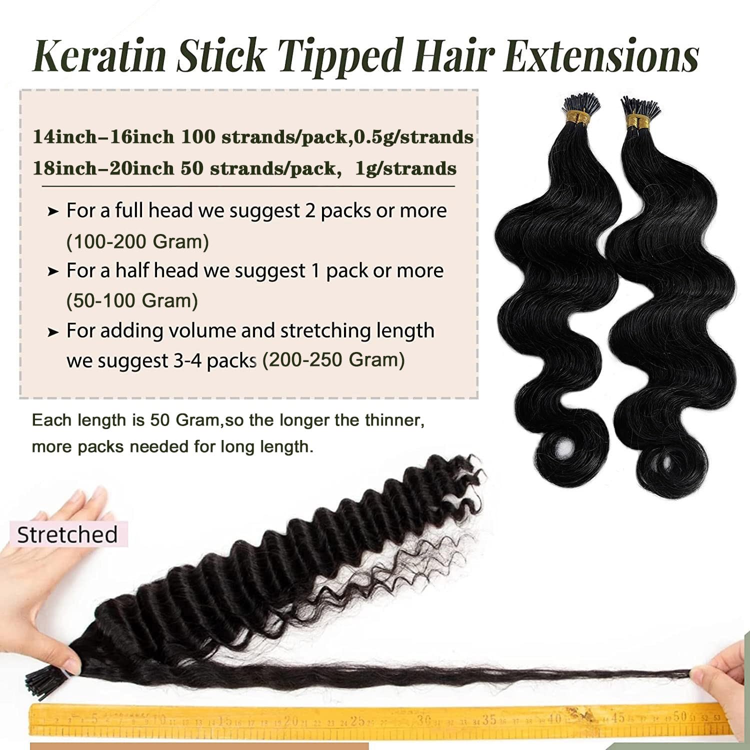 Extensiones de cabello humano real rizado con punta I para mujeres negras, 20 pulgadas, 1.76 ozpaquete, 50 soportes, queratina con punta en I,