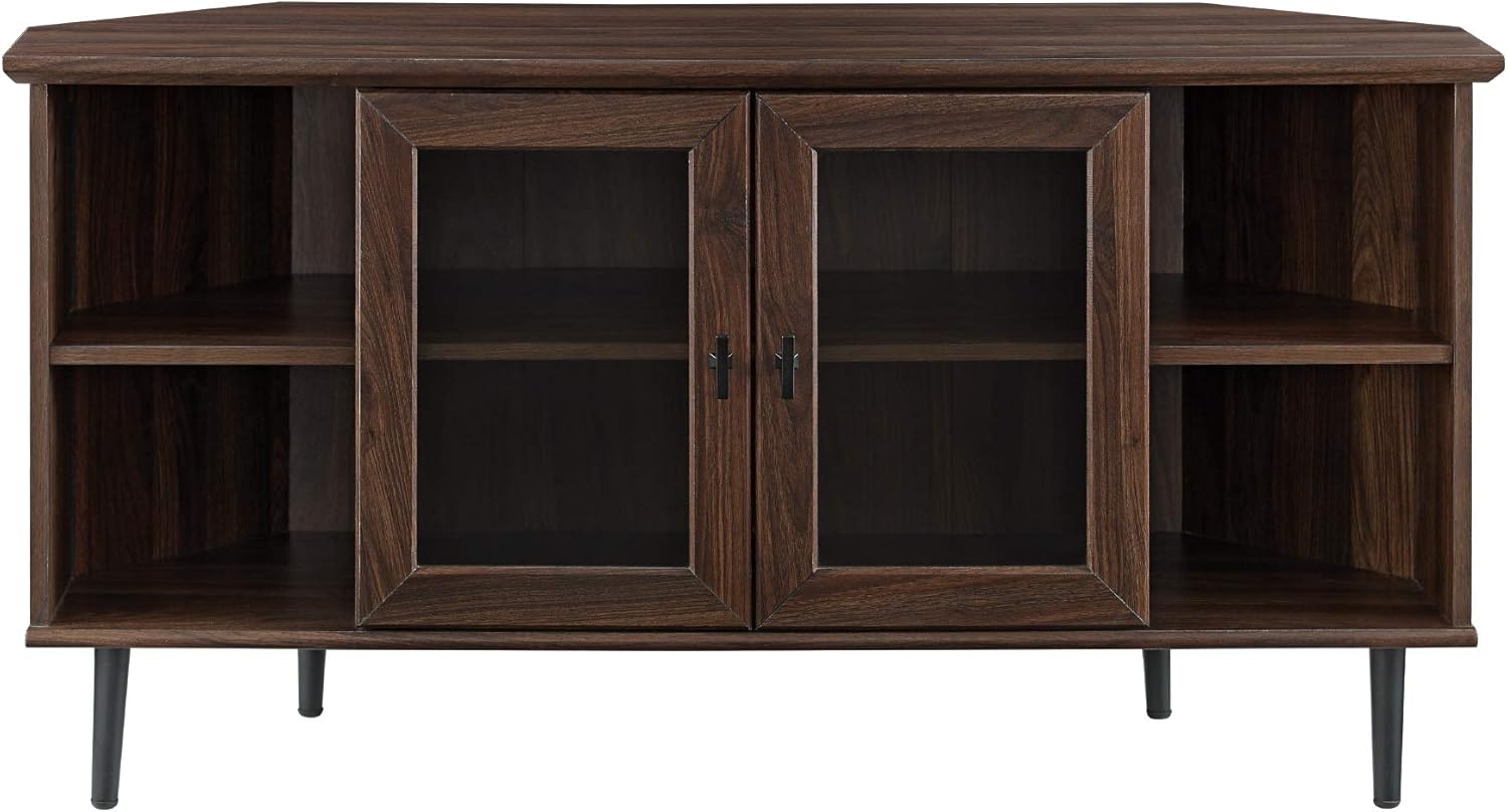 Walker Edison Moderno soporte universal de esquina de madera para TV con estantes abiertos, puertas de gabinete de vidrio, almacenamiento para