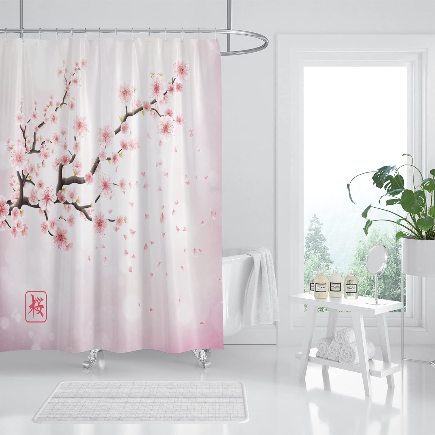 Cortina de ducha con diseño de flor de cerezo rosa, juego de cortina de ducha japonesa Sakura floral, cortinas de ducha para baño, tela impermeable