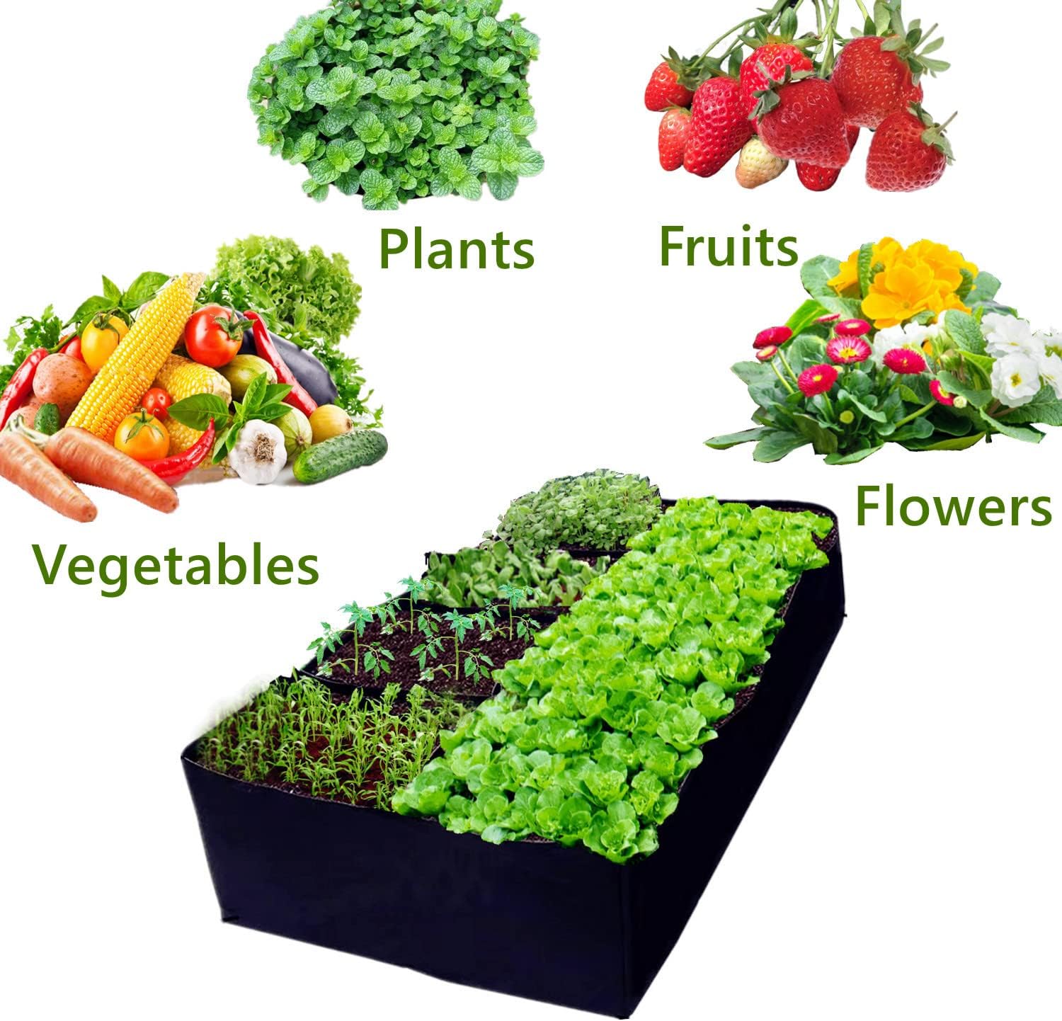 Niurui Cama de jardín elevada de tela de 128 galones, 8 agujeros, rectangular, 14.11 oz, gruesas, no tejidas, bolsas de cultivo para jardinería,