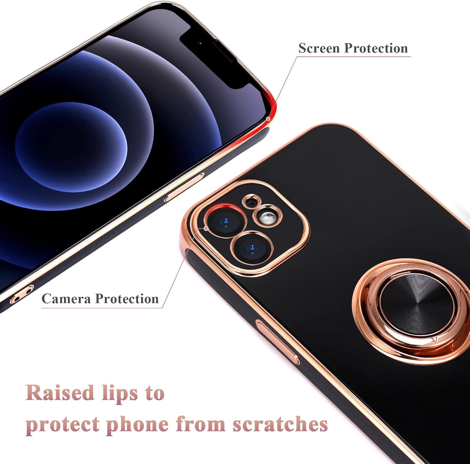 Diseño para iPhone 12, soporte de anillo giratorio de 360 integrado, soporte magnético de silicona suave, cubierta protectora ultra delgada con