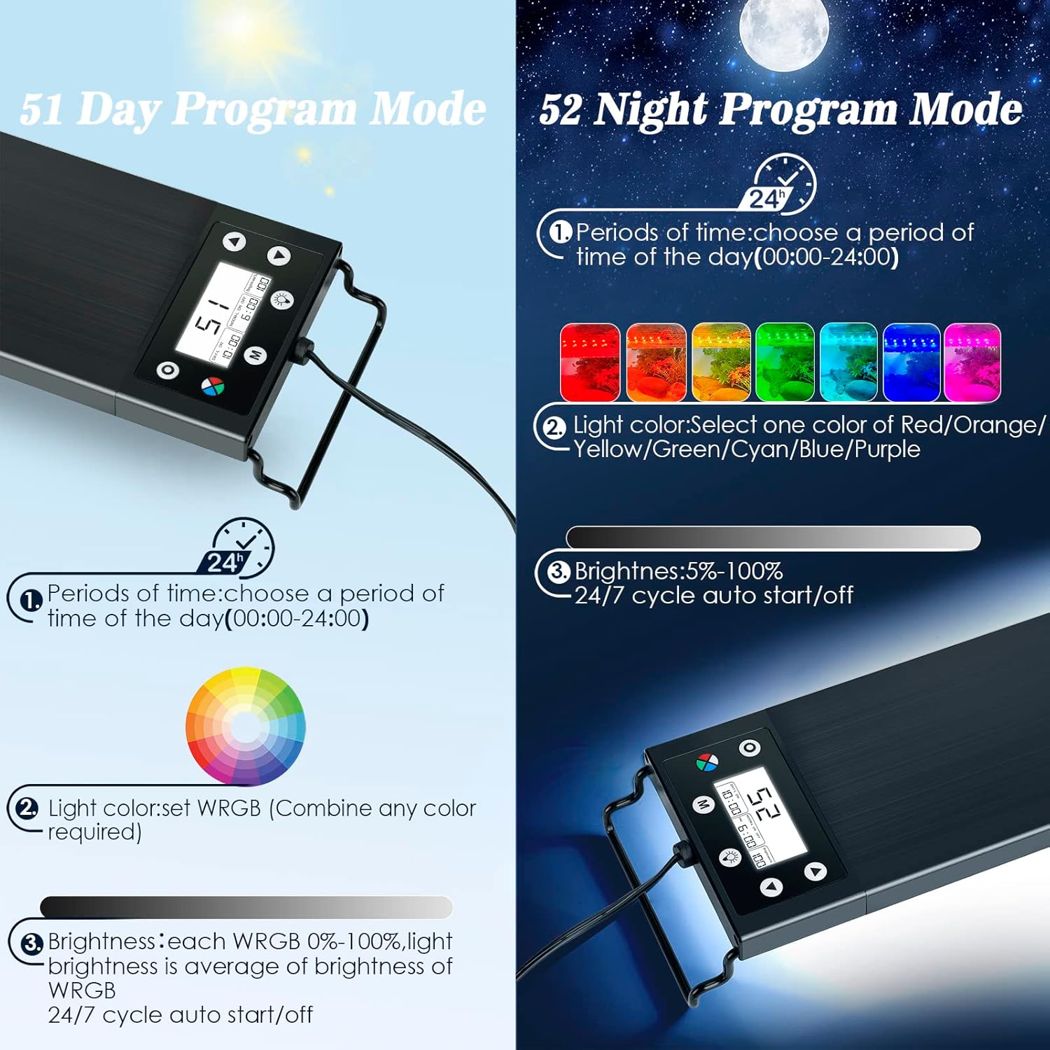 AQQA Luz de acuario, luz LED multifuncional para pecera, 247, encendido automático + modo nocturno + modo diurno + espectro completo + 7 colores,