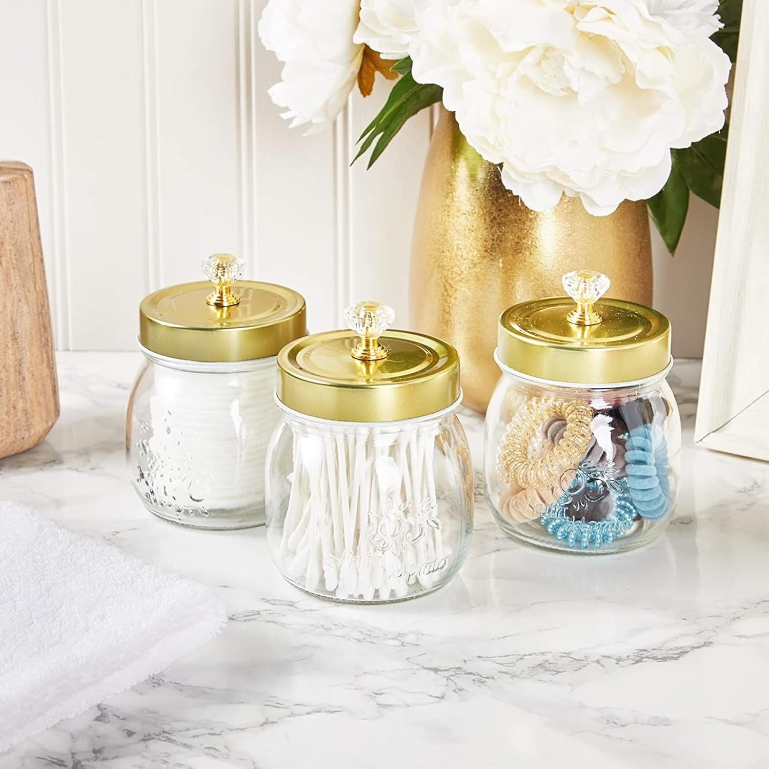 Farmlyn Creek Recipientes de cristal con tapas doradas, juego de baño Mason Jar (paquete de 3)