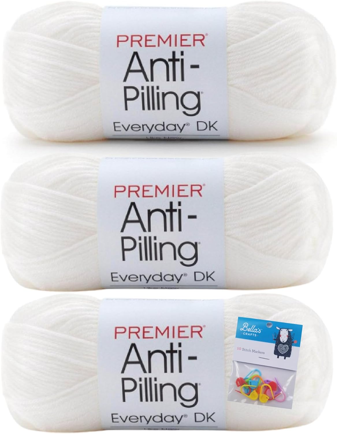Premier Yarns Everyday DK – Hilo antibolitas, 3.5 onzas, peso ligero #3, paquete de 3 unidades con marcadores de puntada Bella’s Crafts (blanco)