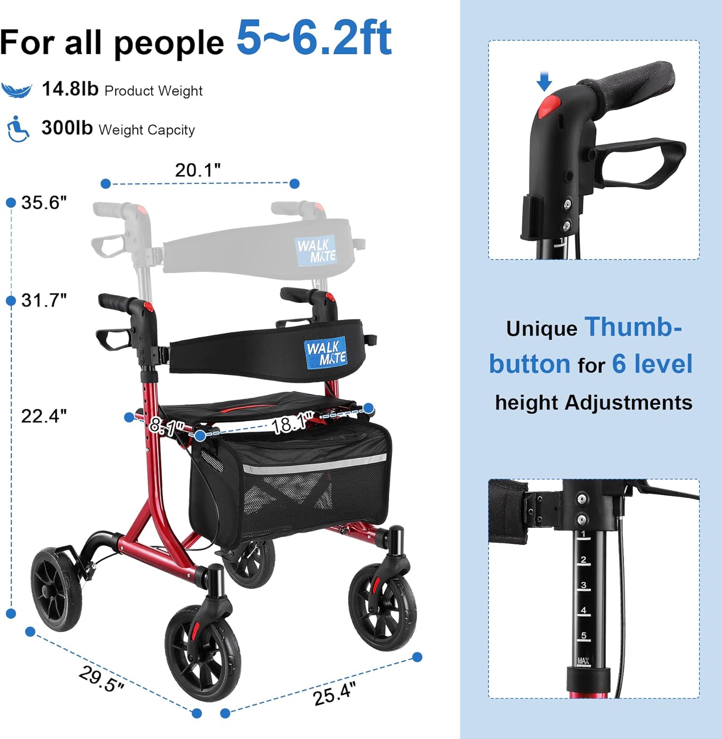 Andador con ruedas para personas mayores con soporte para tazas, botón de presión de pulgar mejorado para ajuste de altura, caminante de 4 x 8