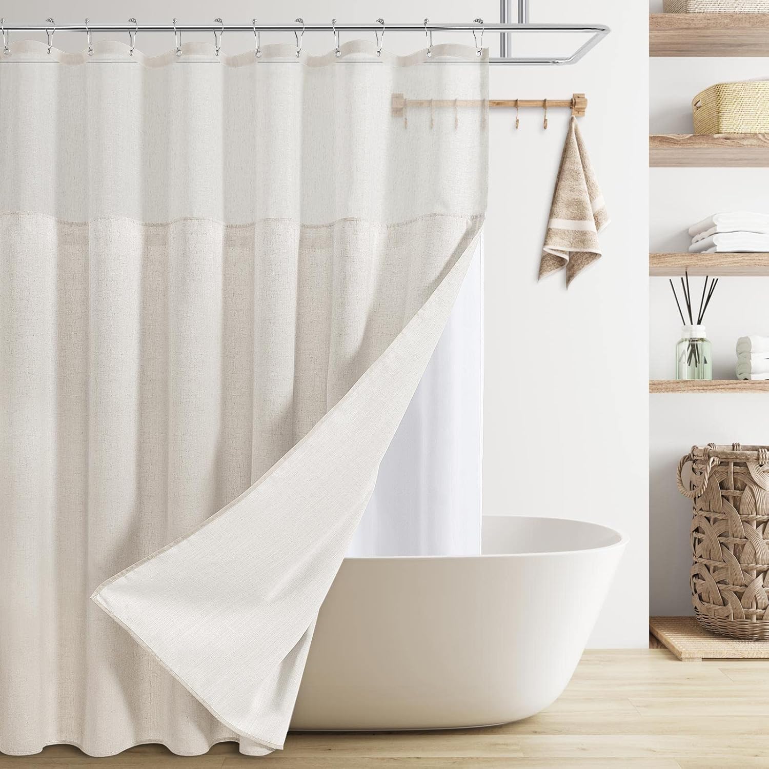 BOODII Juego de cortina de ducha de lino beige con forro a presión, cortina de ducha doble rústica con ventana superior transparente, decoración de