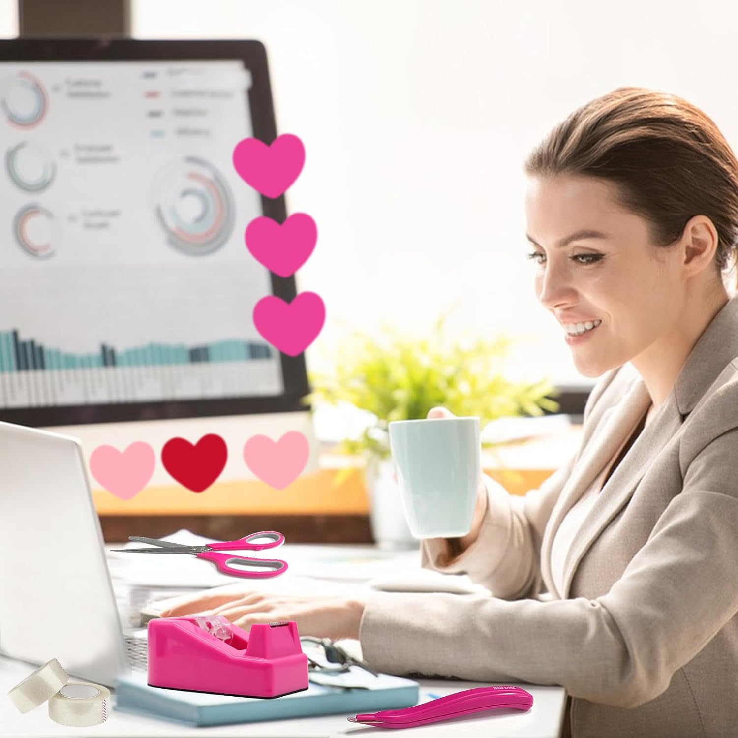 UPIHO – Suministros de oficina rosa intenso, accesorios de escritorio rosa intenso, juego de grapadora y dispensador de cinta para mujeres con
