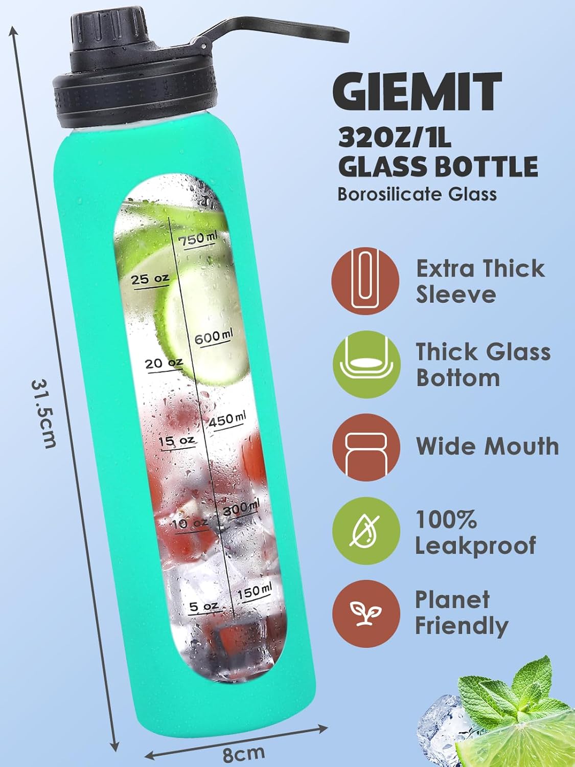 Botellas de agua de vidrio de 32 onzas con funda de silicona, botellas de hidratación para beber, reutilizables, sin BPA, borosilicato, boca ancha,