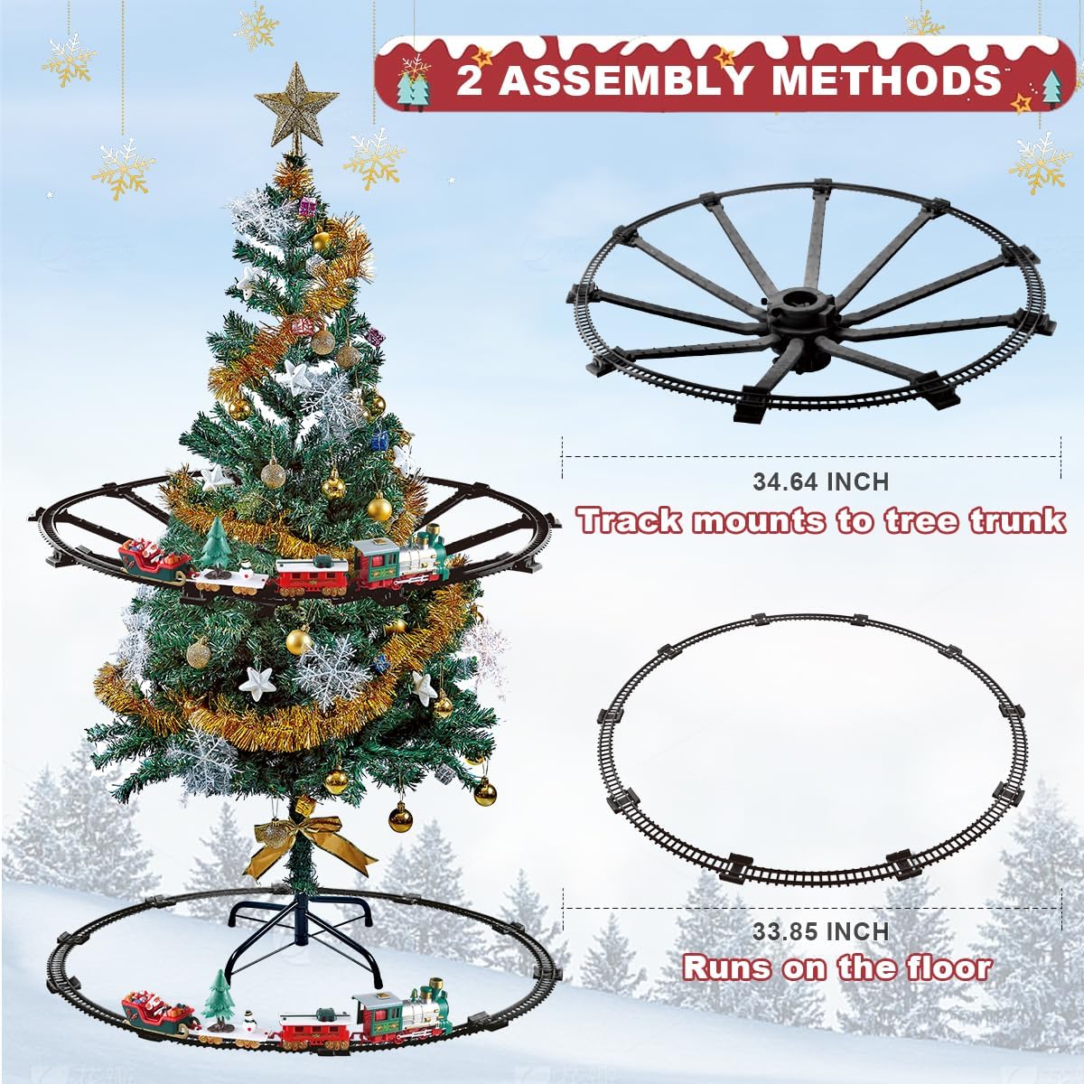 Juego de tren para niños de 2 a 4 años, 41 piezas de juguetes de tren eléctrico para árbol de Navidad, 2 métodos de montaje incluyen 4 autos y 10