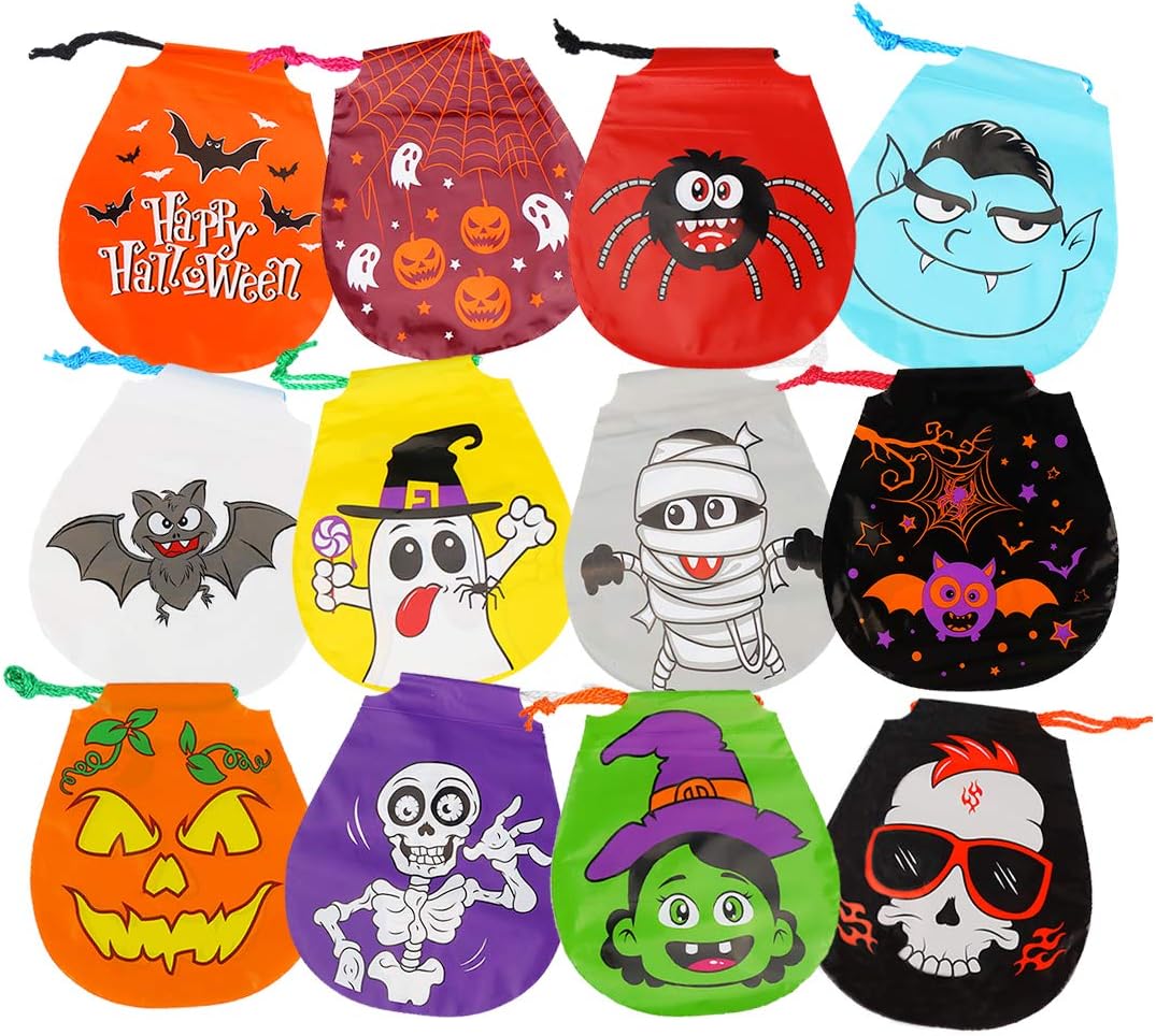 CCINEE 24 bolsas de golosinas con cordón de Halloween, 12 estilos, bolsas de golosinas de Halloween para niños, suministros de fiesta de Halloween