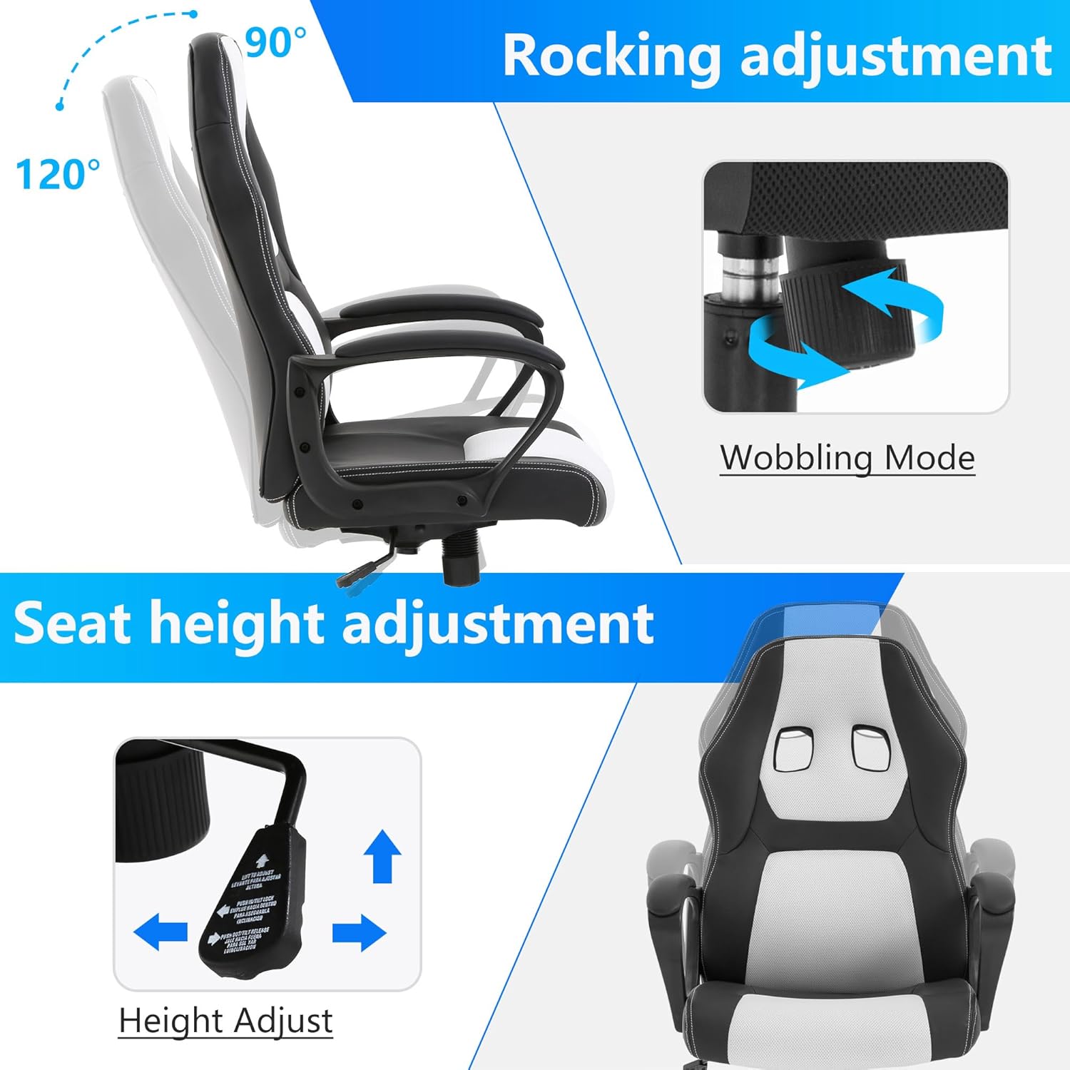 PayLessHere Silla de oficina para videojuegos, soporte ajustable ergonómico de piel sintética, silla de masaje lumbar para carreras, reposacabezas y