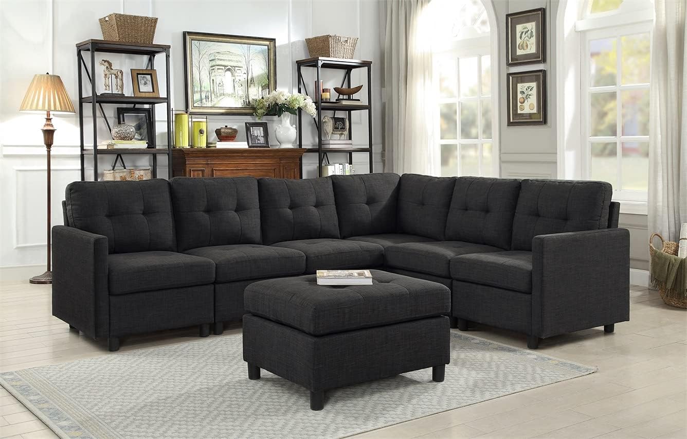 BEEY Módulo de silla de asiento sin brazos de tela de lino para sofá modular seccional acento silla sin brazos, gris oscuro