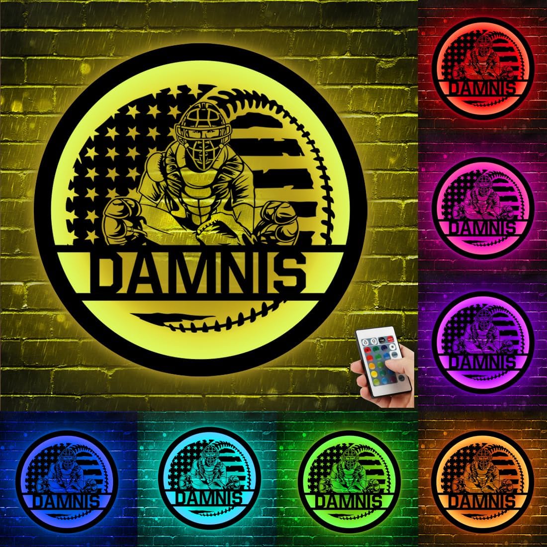 Letrero de metal personalizado para jugador de béisbol con luz LED, nombre y número personalizado, arte de pared de béisbol, letrero de neón con