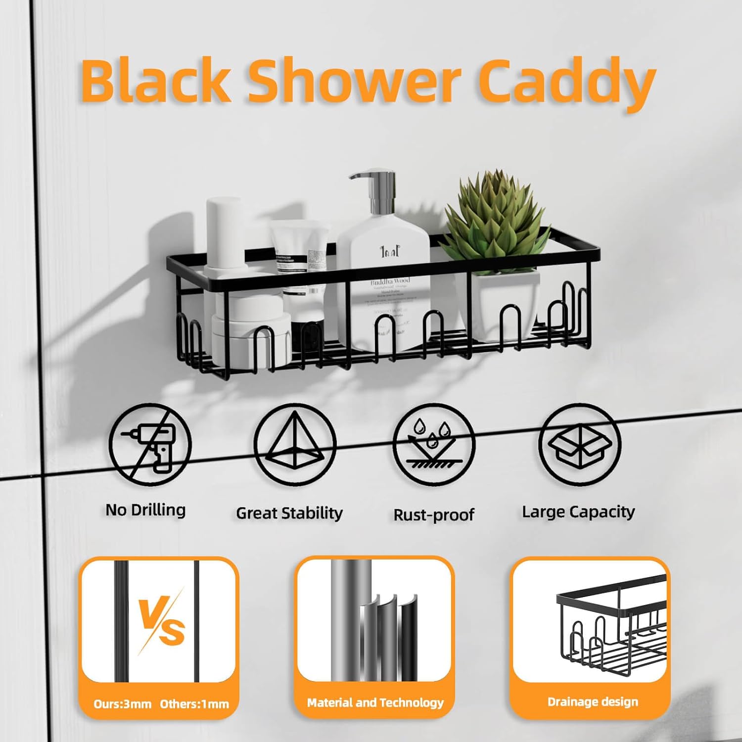 HSD Houseware Paquete de 7 organizadores de ducha adhesivos para almacenamiento de baño y cocina, estante de ducha adhesivo para ducha interior con