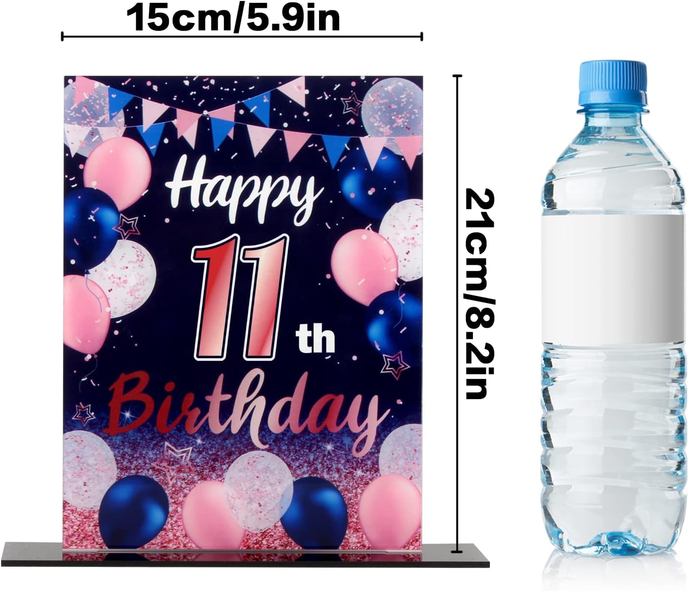 LINGTEER Centros de mesa acrílicos con globos de color azul marino y rosa con texto en inglés “Happy 11th Birthday”, 2 unidades de decoración de