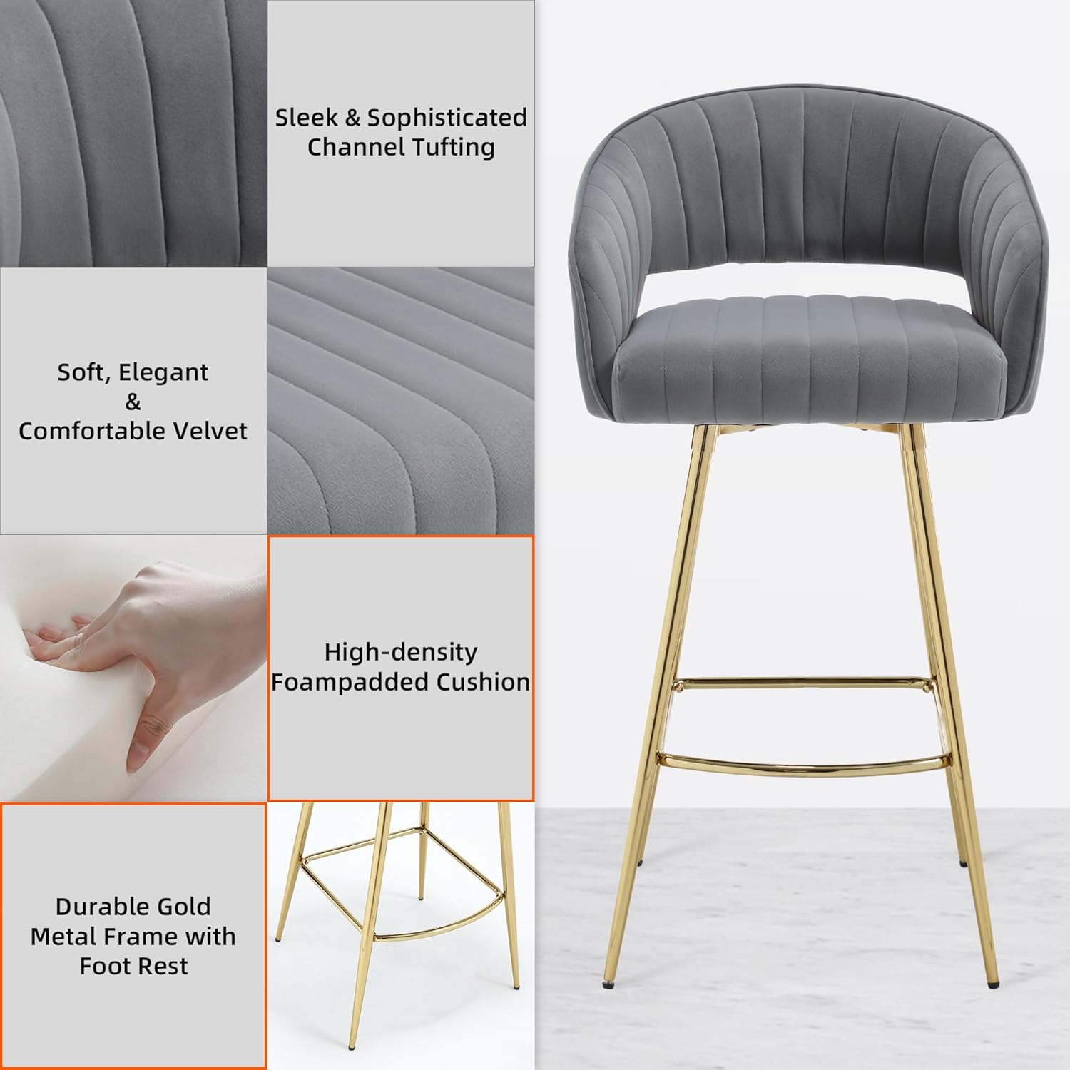 Westice Juego de 2 taburetes de bar, de terciopelo de 30 pulgadas de altura de asiento con respaldo y patas doradas, taburetes tapizados de altura