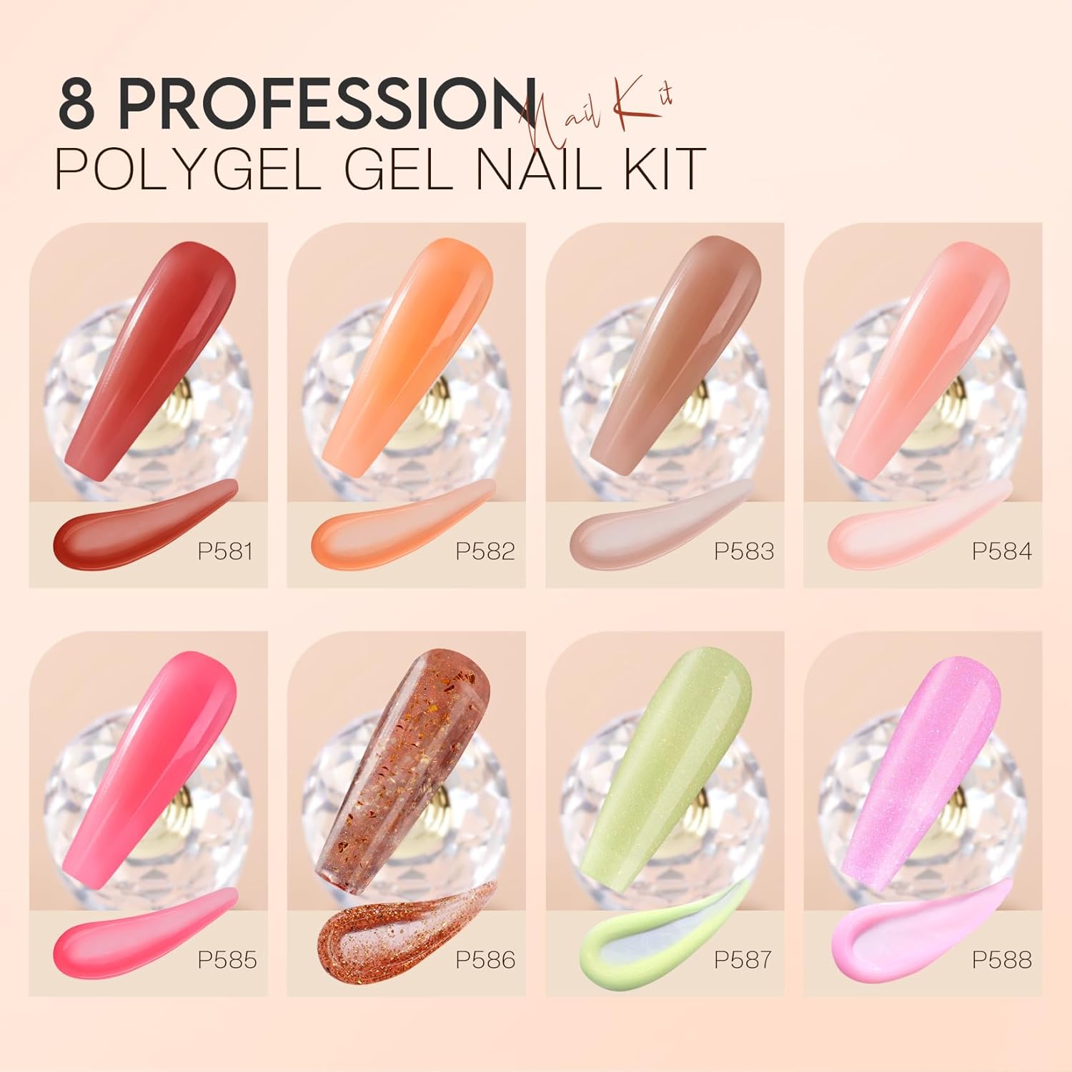 Morovan Kit de iniciación de uñas de poligel 8 colores con purpurina kit de gel de uñas con lámpara UV para principiantes, kit de extensión de gel