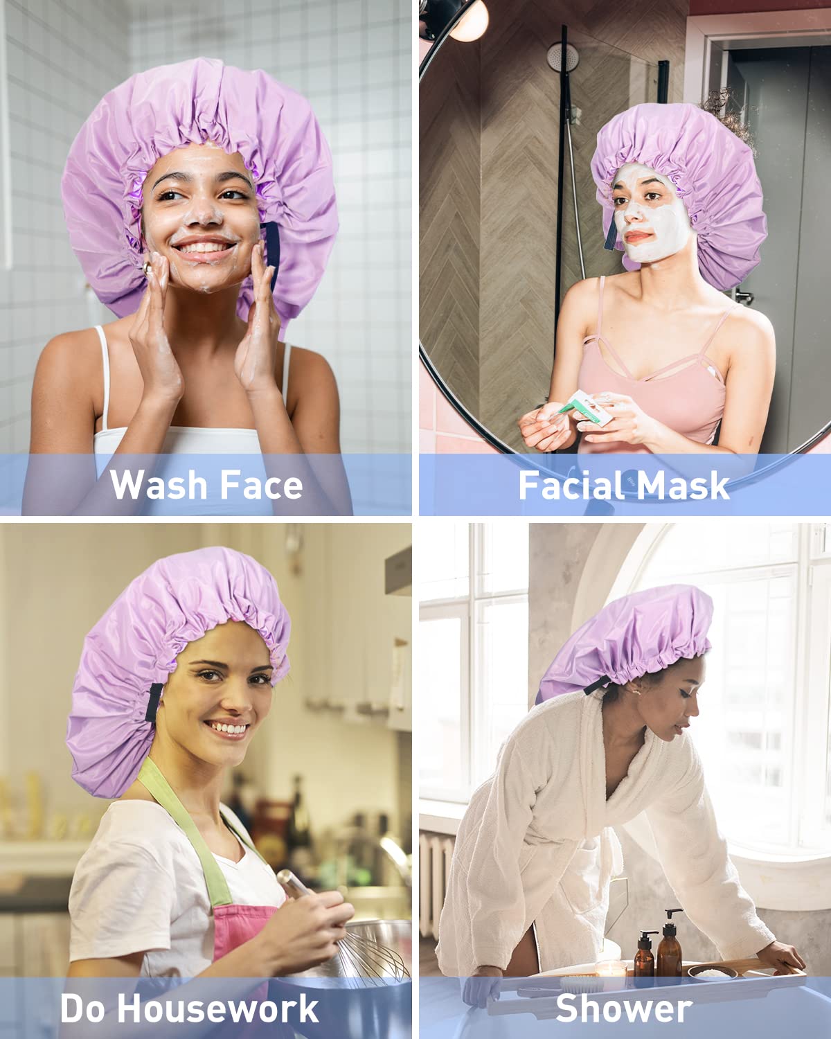 Aquior Gorro de ducha extra ajustable para mujer, de doble capa, impermeable, reutilizable, tamaño grande, para todo tipo de cabello, para niñas,