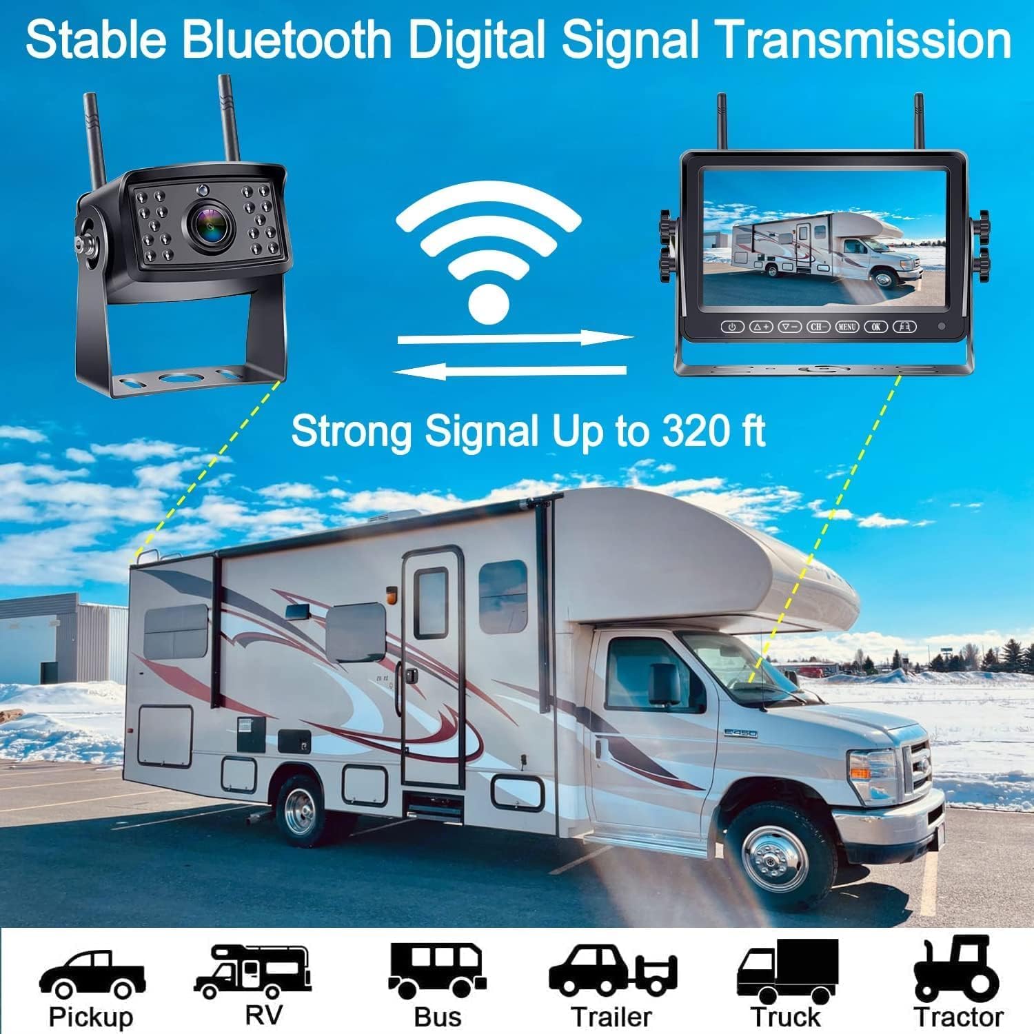 RV Backup Camera Wireless HD 1080P Trailer Bluetooth Rear View Cam System Touch Key 7” DVR Monitor Split Screen 4 Channels for Truck Camper Adapter
