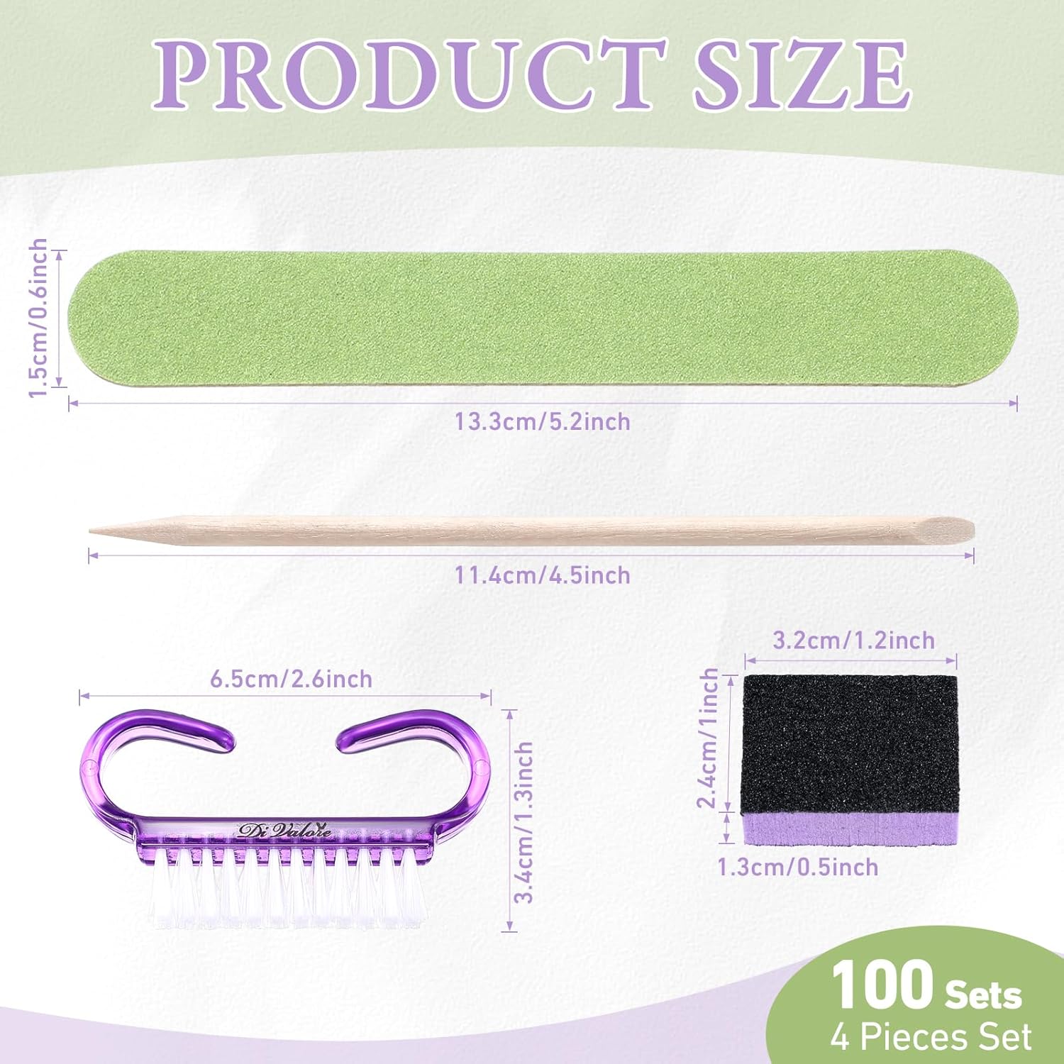 Juego de 100 juegos de manicura desechable profesional, básico de 4 piezas, lima de uñas de madera, grano 100180, mini amortiguador de grano 80100,