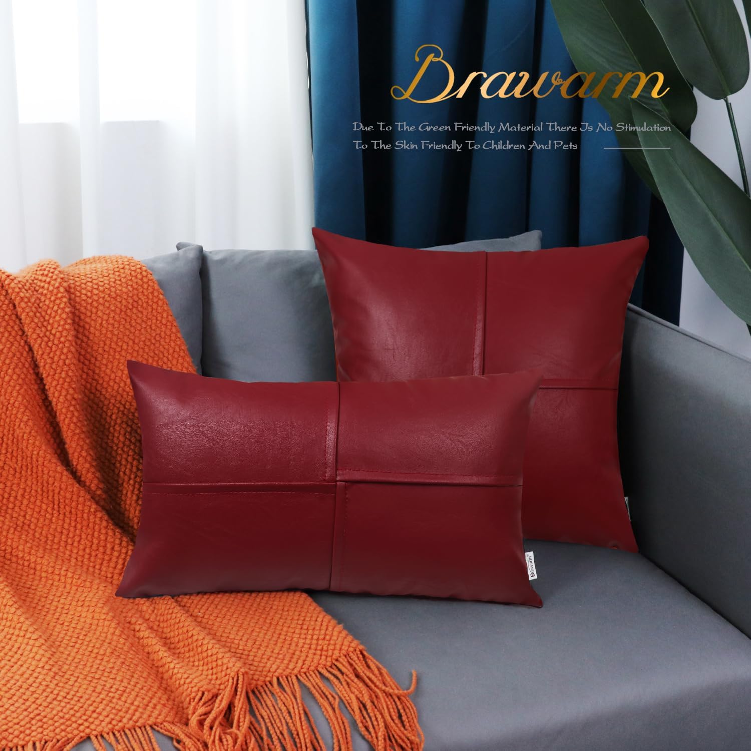 BRAWARM Juego de 2 fundas de almohada de piel sintética de 12 x 20 pulgadas, fundas de almohada lumbar de cuero rojo profundo, almohadas decorativas