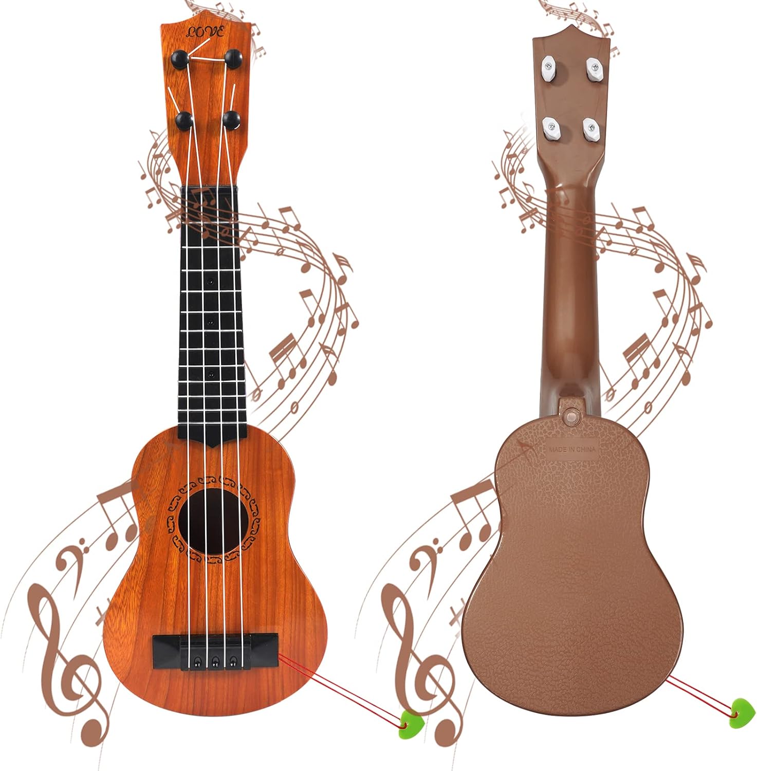 Raimy Guitarra ukelele de 17 pulgadas para niños, 4 cuerdas, mini guitarra para niños, instrumentos musicales, juguetes educativos con púas para