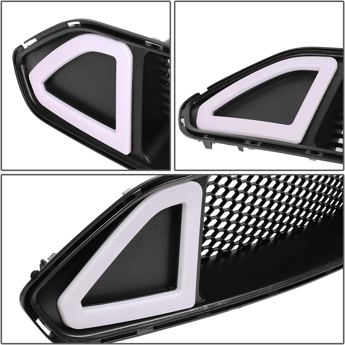 DNA MOTORING GRF-LB-FM18-T2W-FU – Rejilla de parachoques frontal de tubo LED blanco triangular de panal compatible con base Mustang 18-20, Ecoboost,