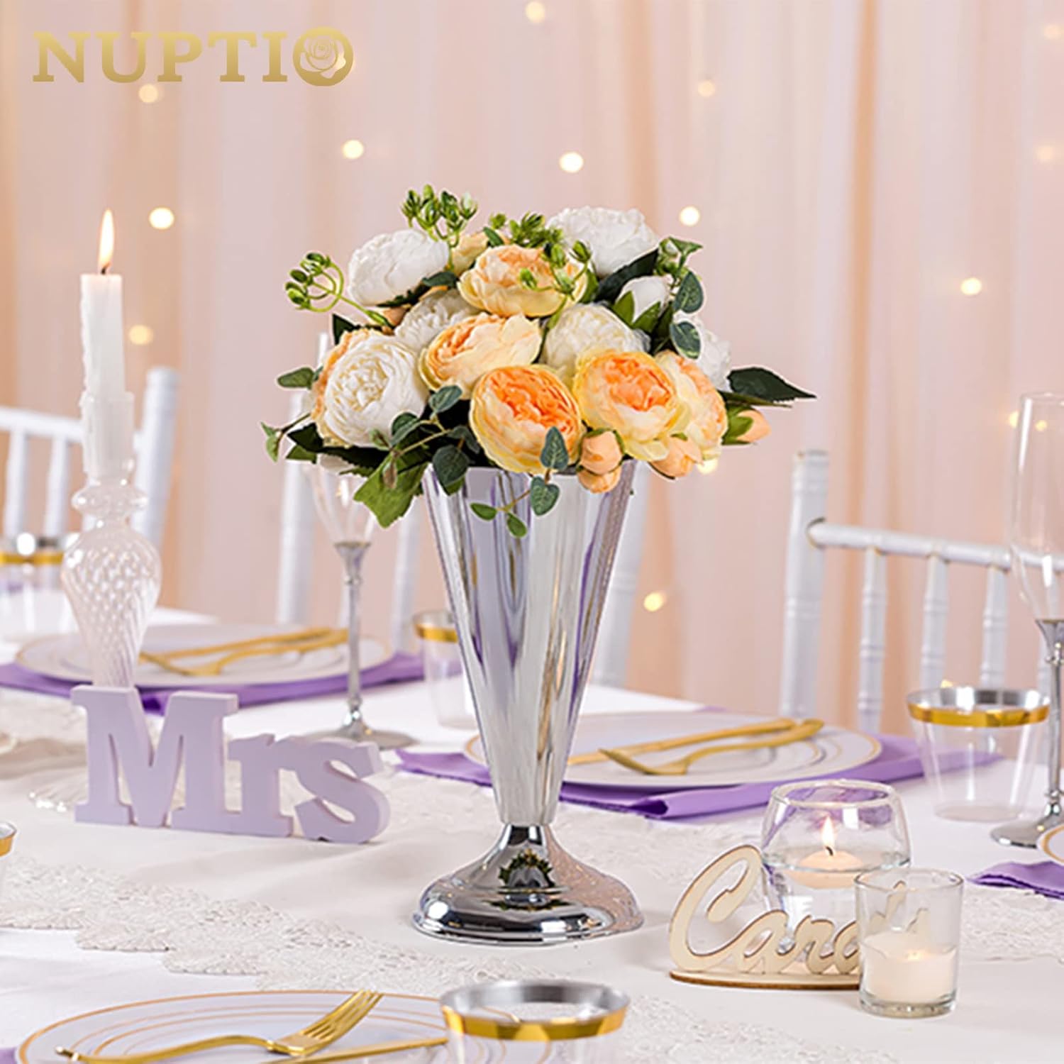 Nuptio Jarrón decorativo de metal con diseño de trompeta para flores, para bodas, centros de mesa, arreglos de flores artificiales para