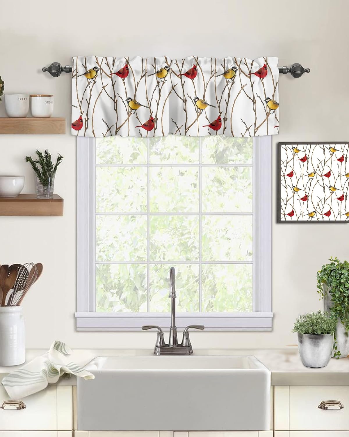 Cenefa de Navidad para ventanas, pájaros en un árbol, cortina de cocina, cenefas con bolsillo para barra, cortina de ventana de pájaro amarillo y