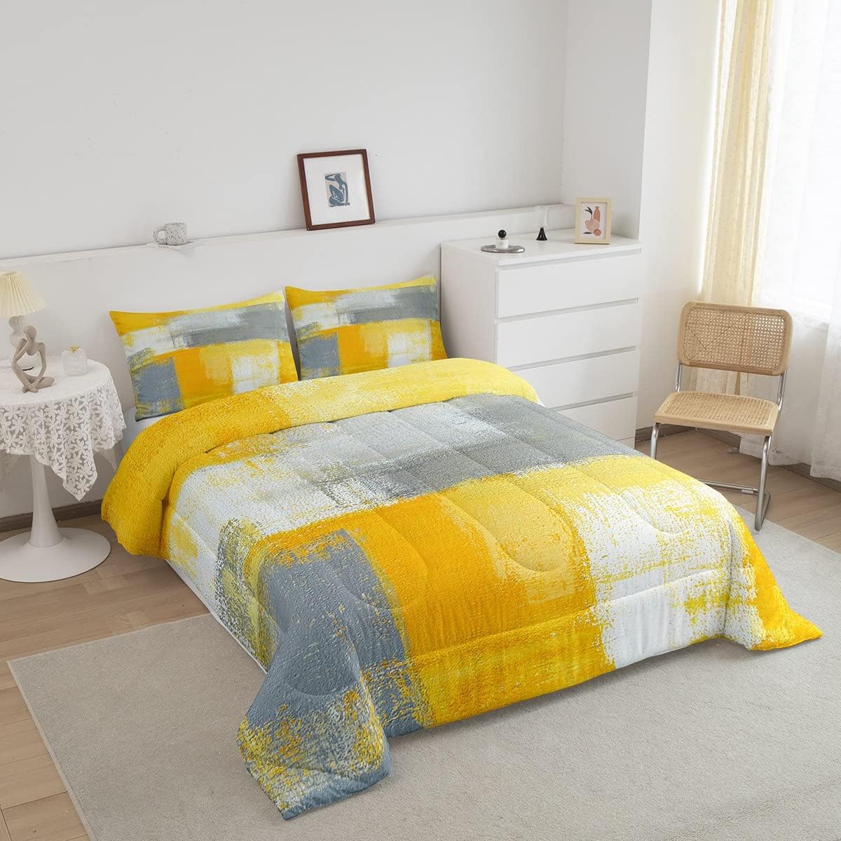 Erosebridal Juego de ropa de cama de color amarillo degradado, juego de edredón de teñido anudado blanco, tamaño Queen, color gris, abstracto,