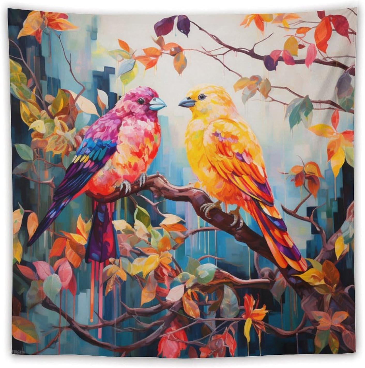 Tapiz de pájaros coloridos sentados en una rama de árbol colorido, tapiz artístico para dormitorio, estético, colorido pájaro volador, tapiz