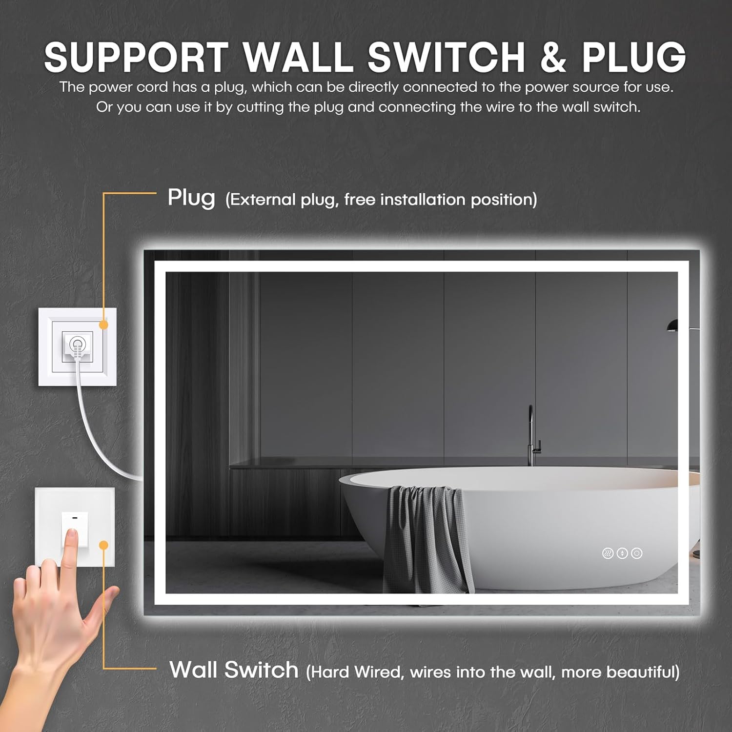 Dripex Espejo de baño LED de 48 x 32 pulgadas, espejo de maquillaje antivaho montado en la pared con 3 luces de color, espejo LED impermeable