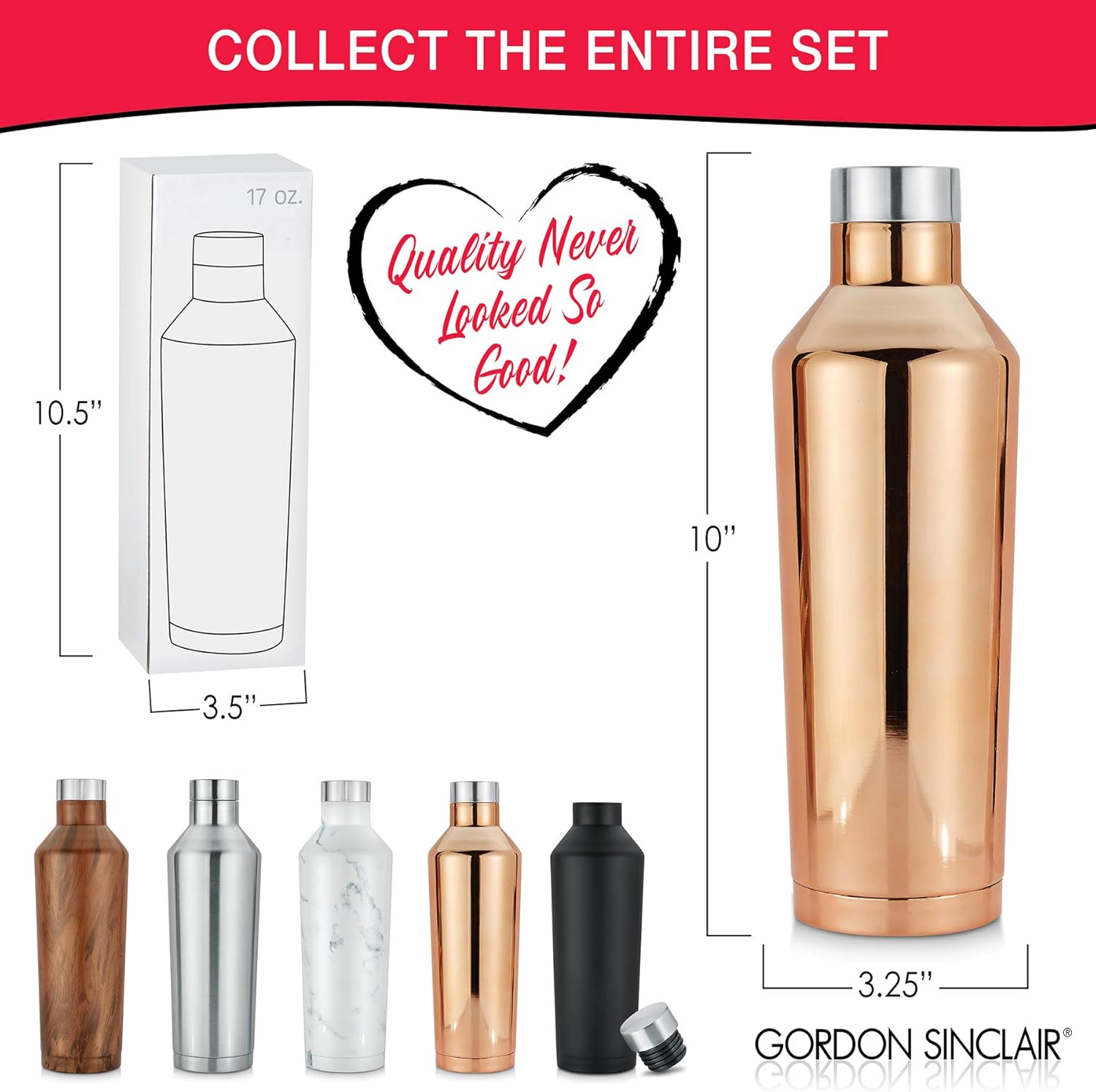 Gordon Sinclair Copper Riviera – Botellas de agua de acero inoxidable de doble pared de 17 onzas, la botella de agua aislada al vacío es a prueba de
