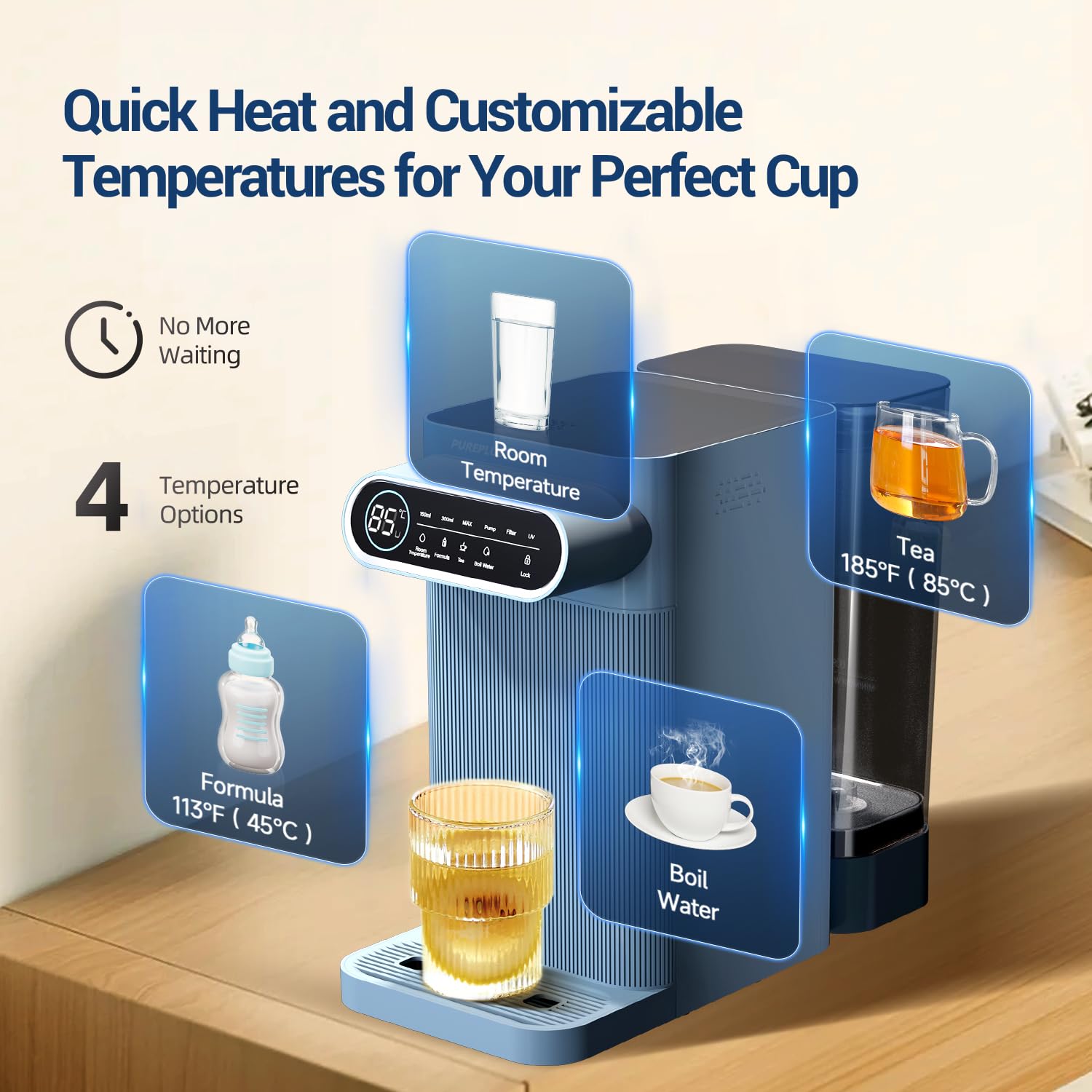 PUREPLUS Sistema de filtración de agua de ósmosis inversa para encimera, filtración de agua de encimera de 5 etapas, dispensador de agua caliente