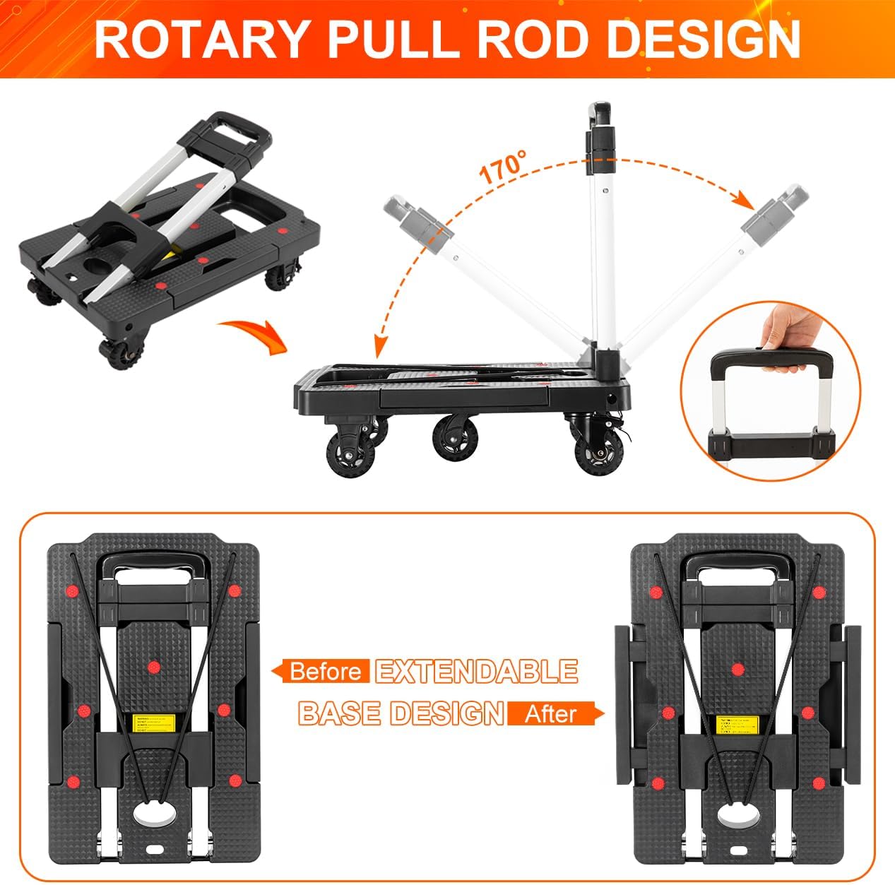 Camión de mano plegable, 330 libras, carrito de mano plegable, carrito de mano resistente, carrito de equipaje de plataforma portátil con 5 ruedas y