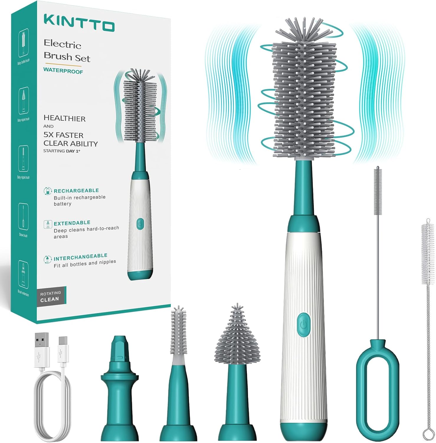 KINTTO Limpiador eléctrico de cepillo para botellas de agua con recargable, juego de limpieza de cepillo de biberón, boquilla reemplazable