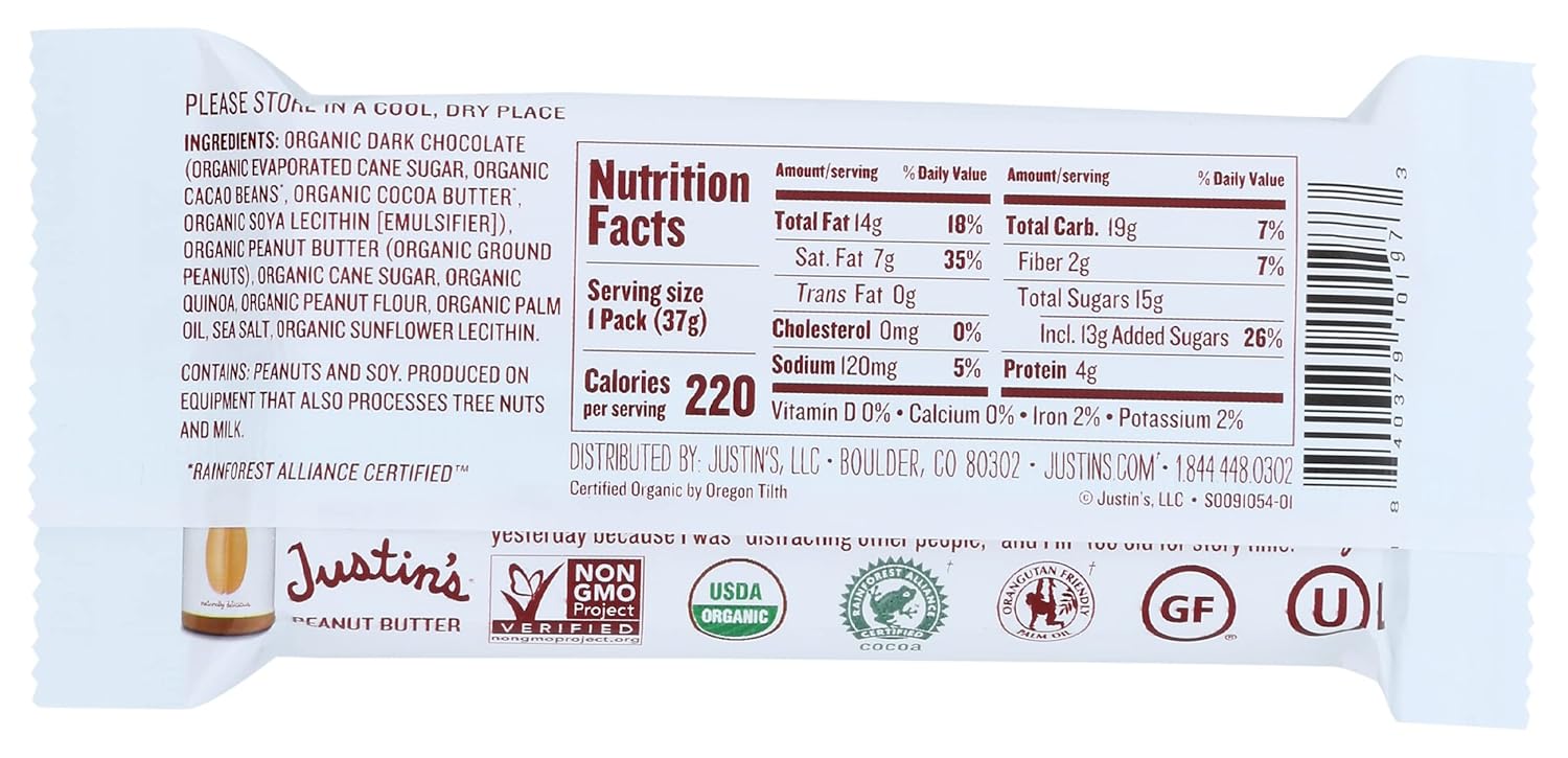 Justins – Tazas de mantequilla de maní crujiente de chocolate negro orgánico, 1.32 onzas