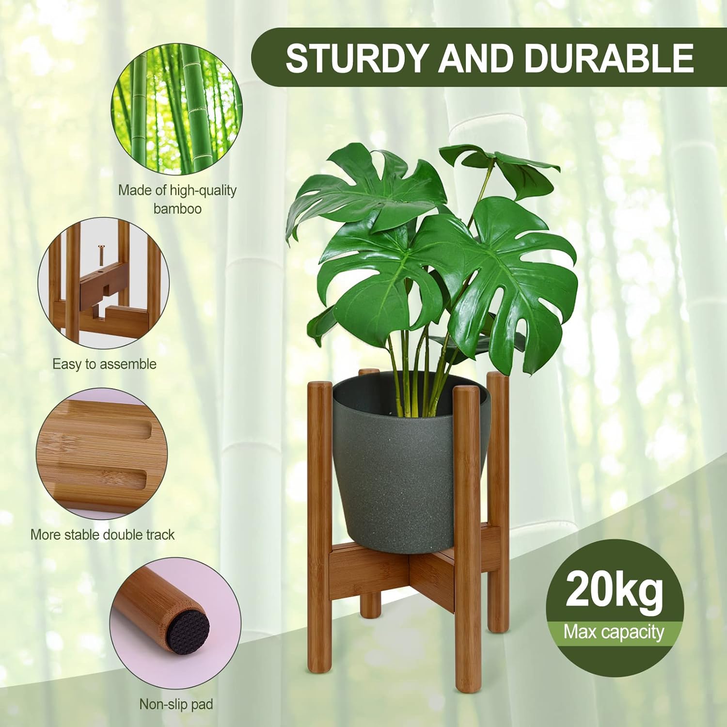 Blvornl Paquete de 1 soporte ajustable para plantas de interior, soporte para plantas de mediados de siglo, soporte estable de bambú para macetas de