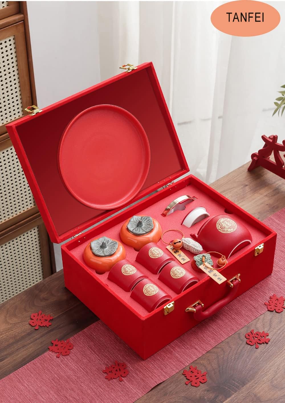 Juego de té de boda rojo de porcelana de doble felicidad, juego de té de boda de diseño de caqui, suministros de decoración de boda tradicionales