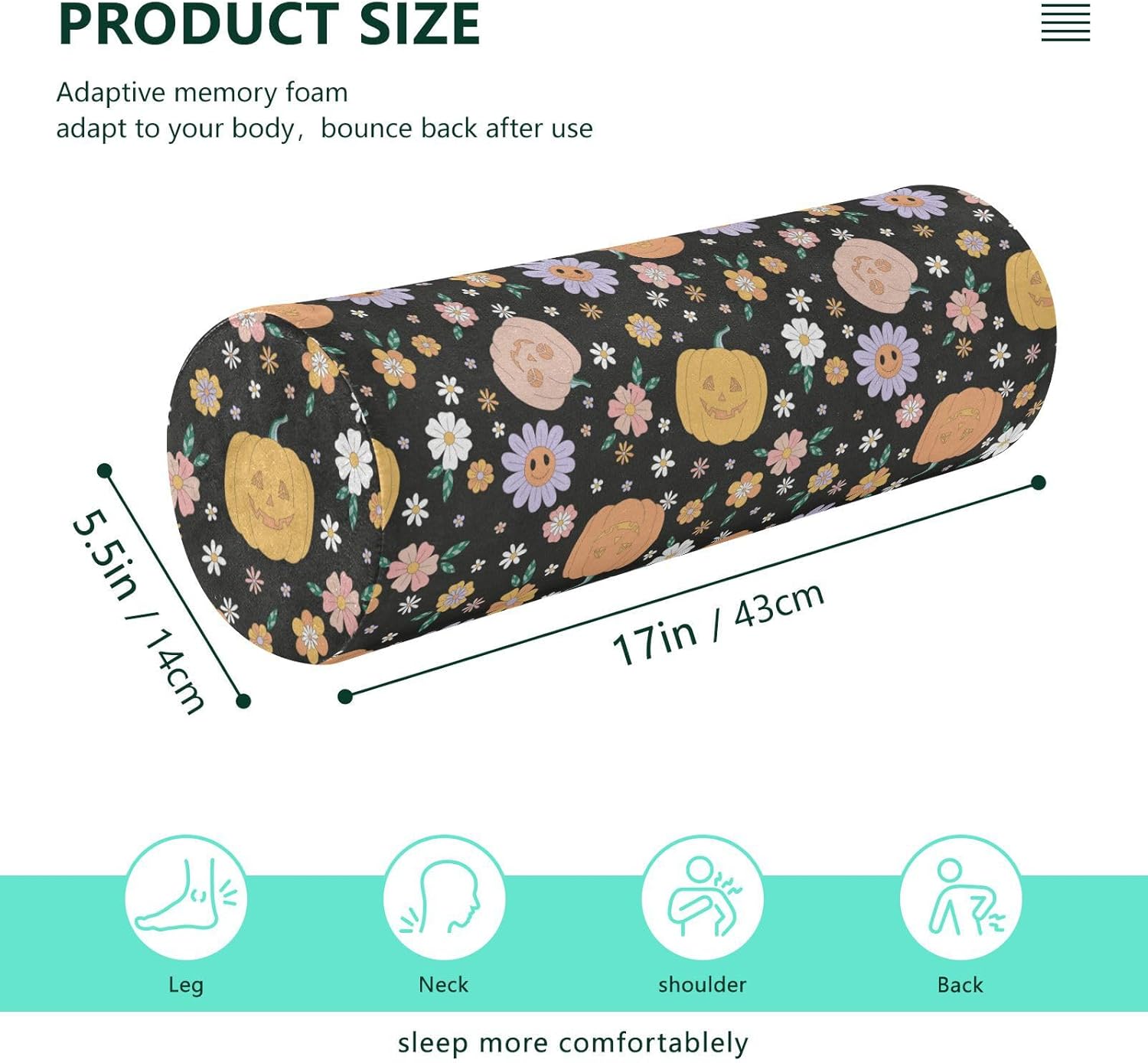 FRODOTGV Hippie Groovy Halloween Pumpkin Daisy Outdoor Bolster Pillow Neck Roll Pillow Round Pillow Kids Cylinder Pillow Cover Leg Support Pillow