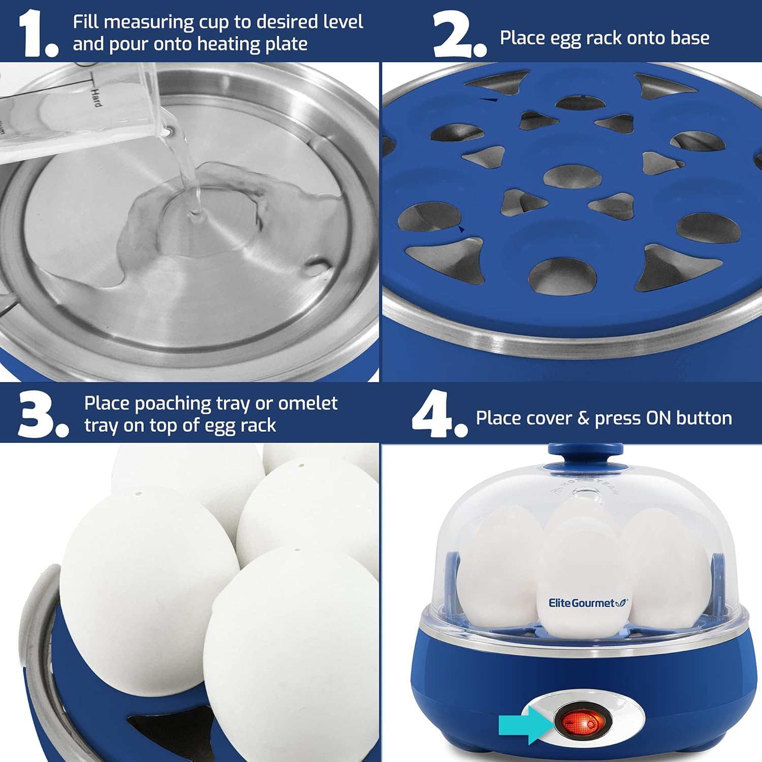 Elite Gourmet – Olla rápida para huevos EGC007CBL#, capacidad 7 huevos, máquina para escalfar y hacer tortillas, con alarma y apagado automático,