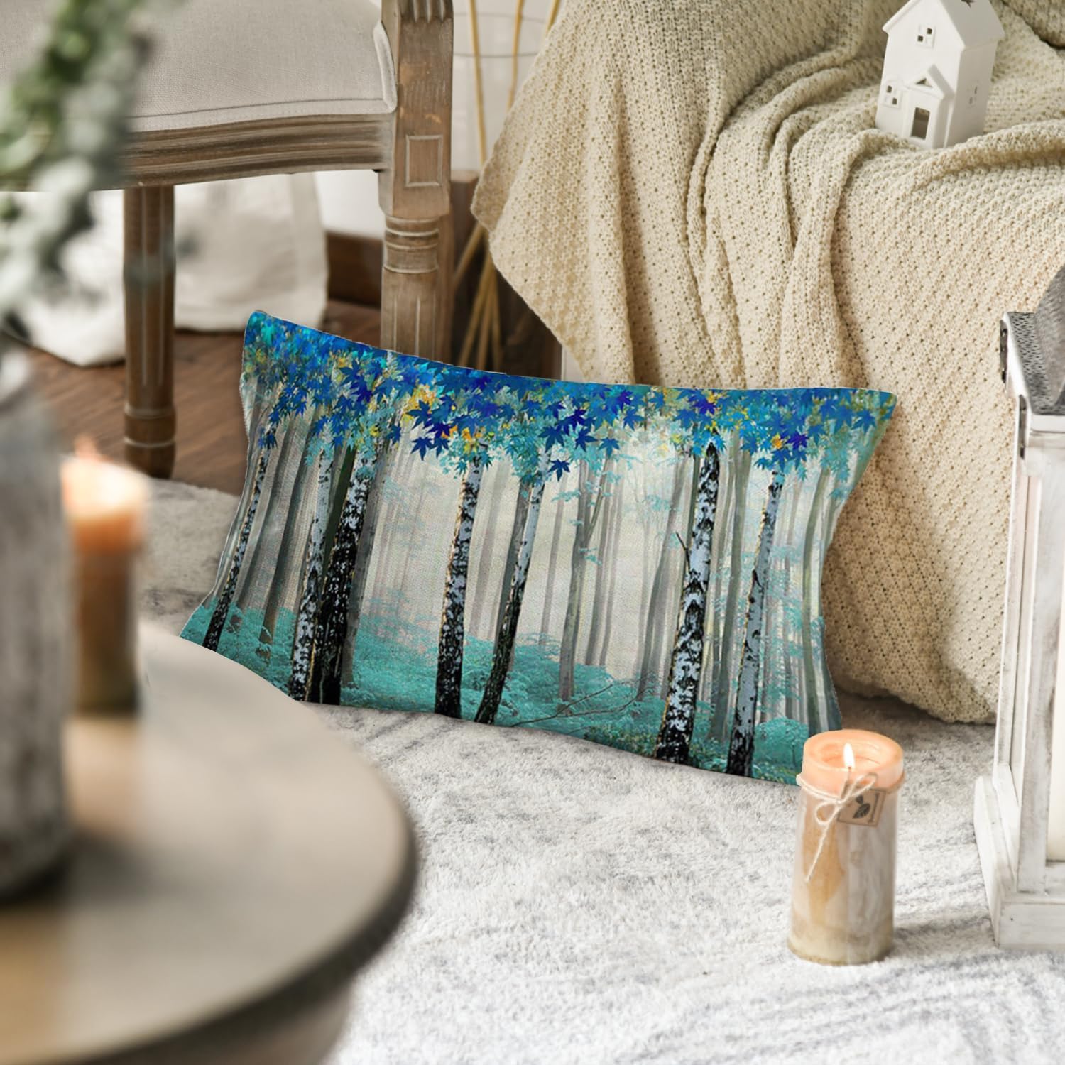 Funda de almohada lumbar de 12 x 20 pulgadas, fundas de almohada rectangulares azules con diseño de árbol de abedul, pintura al óleo de acuarela,